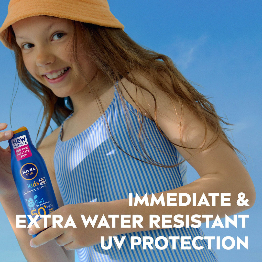 NIVEA SUN Kids Protect & Care SPF 50+ Lotion (200ml), Moisturising Sun Cream Protects Delicate Skin Against Sunburn and Long-Term UV Damage, Fast-Absorbing No White Cast Sun Lotion