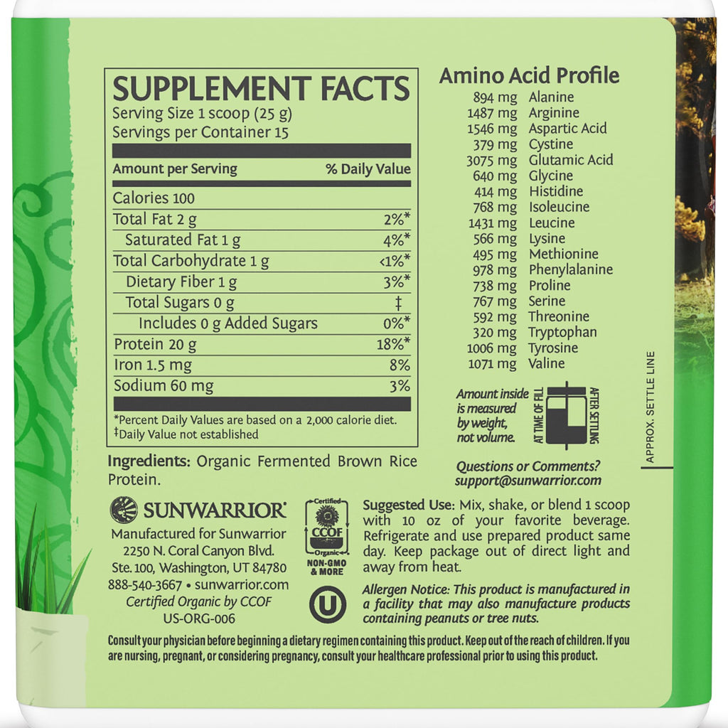 Sunwarrior Brown Rice Protein Powder with Bcaa & Amino Acids Raw Rice Protein Shake Gluten Free Low Carb Dairy Free | Plant Based Classic Sprouted Brown Rice Protein Powder Natural 375g