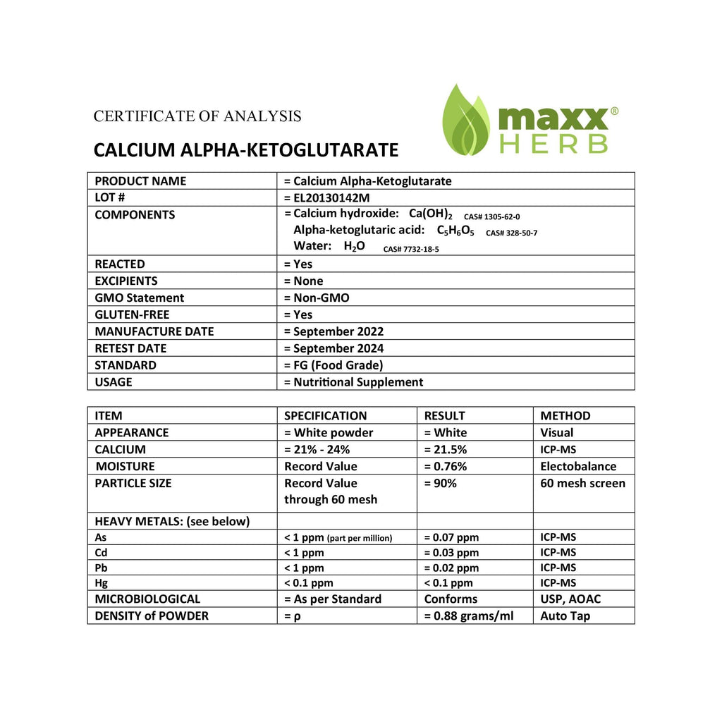 Maxx Herb Calcium AKG, Pure Calcium Alpha - Ketoglutarate Powder (Ca-AKG), for Energy, Vitality, Mental Focus, Clarity & DNA Structure, Non-GMO & Gluten Free - 100 Gram Jar (67 Servings)