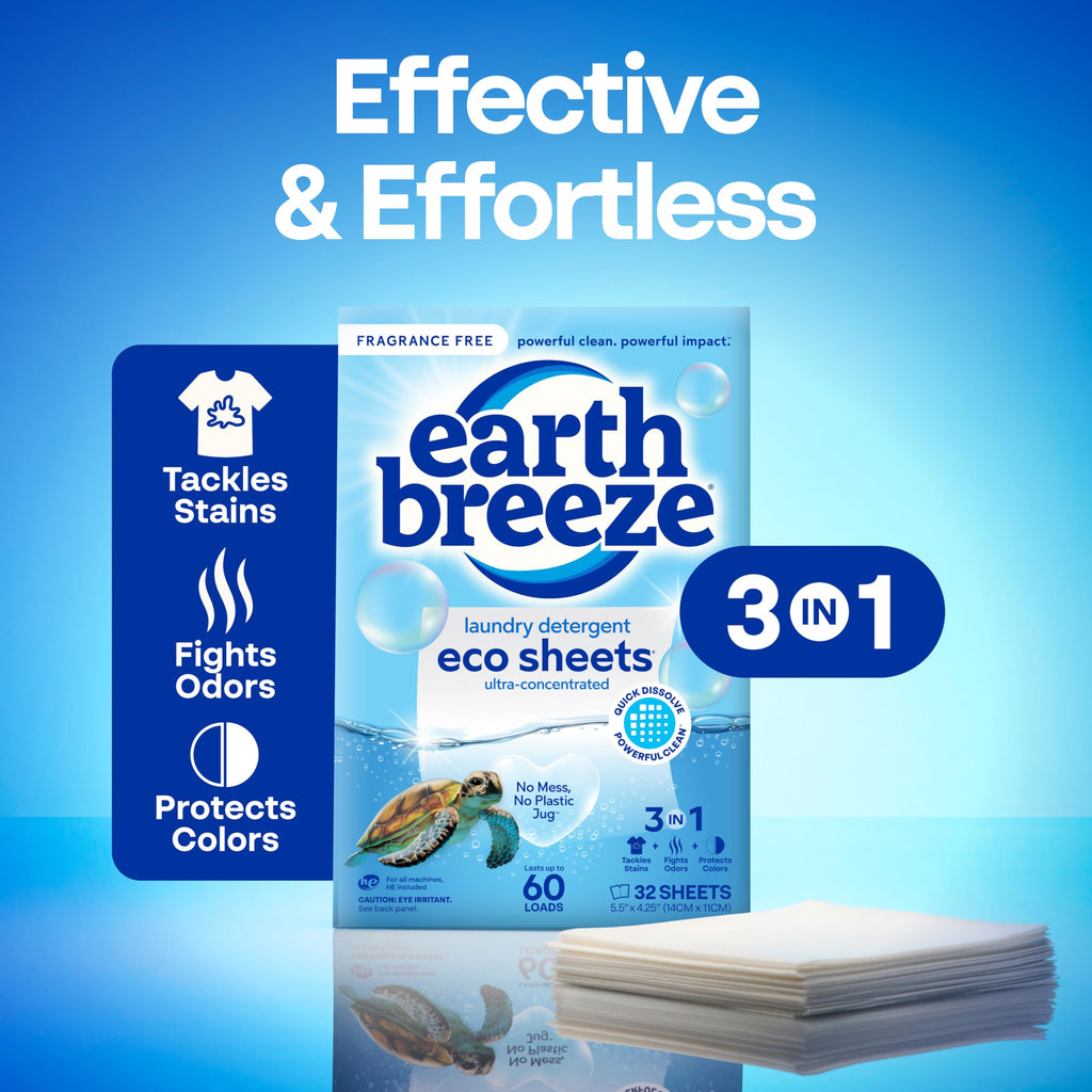 Earth Breeze Laundry Detergent Sheets Fragrance-Free - 180 Loads Eco Liquidless Soap - Travel-Friendly for Hot & Cold Cycles, Tackles Tough Stains & Odors - Gentle on Sensitive Skin, 90 Ct (3 Pack)