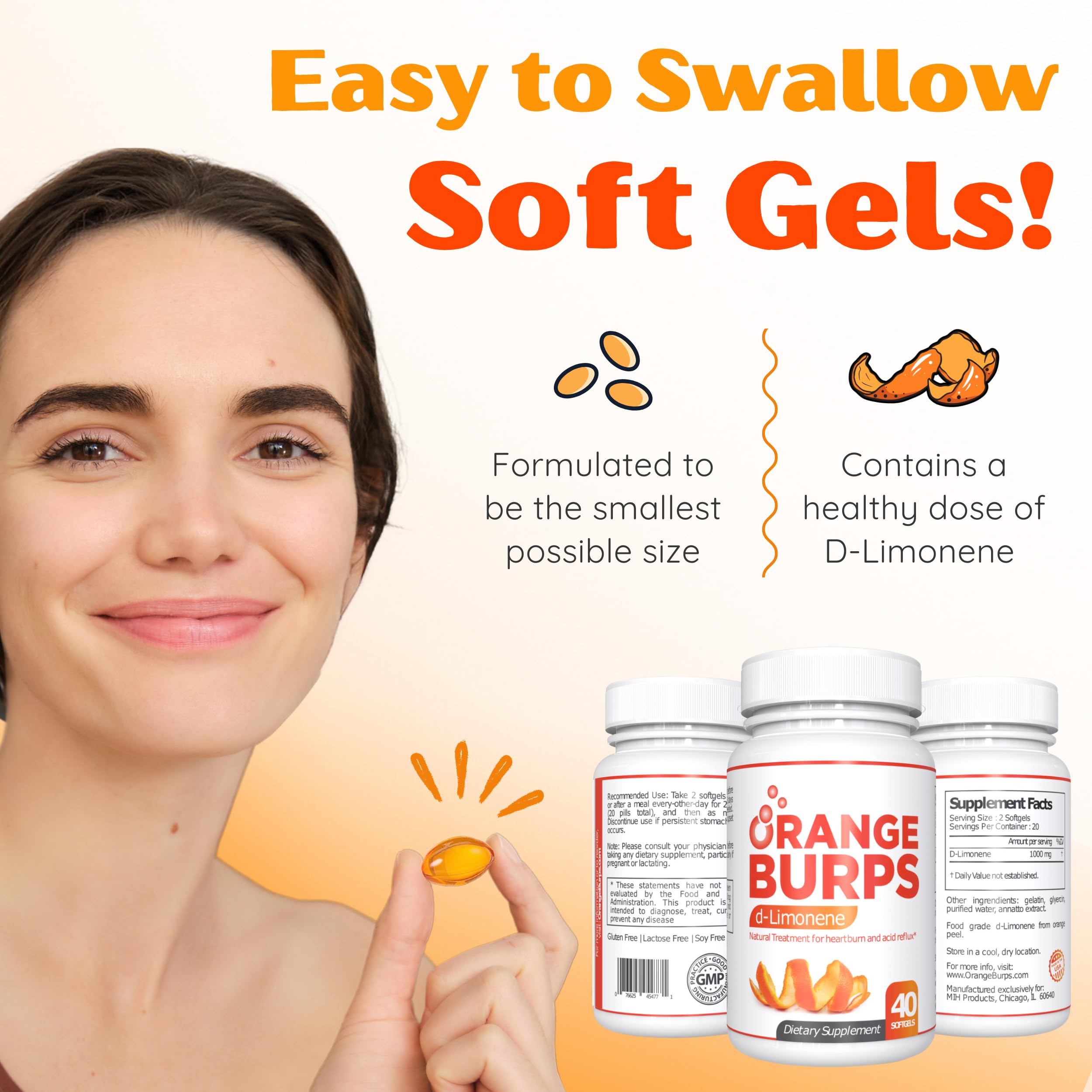 Orange Burps | D-Limonene Supplement - Acid Reducer (Antacid for Acid Reflux), Heartburn Relief, GERD Relief, and Indigestion Relief | Orange Peel Extract for Health and Wellness (1,000 mg, Pack of 2)