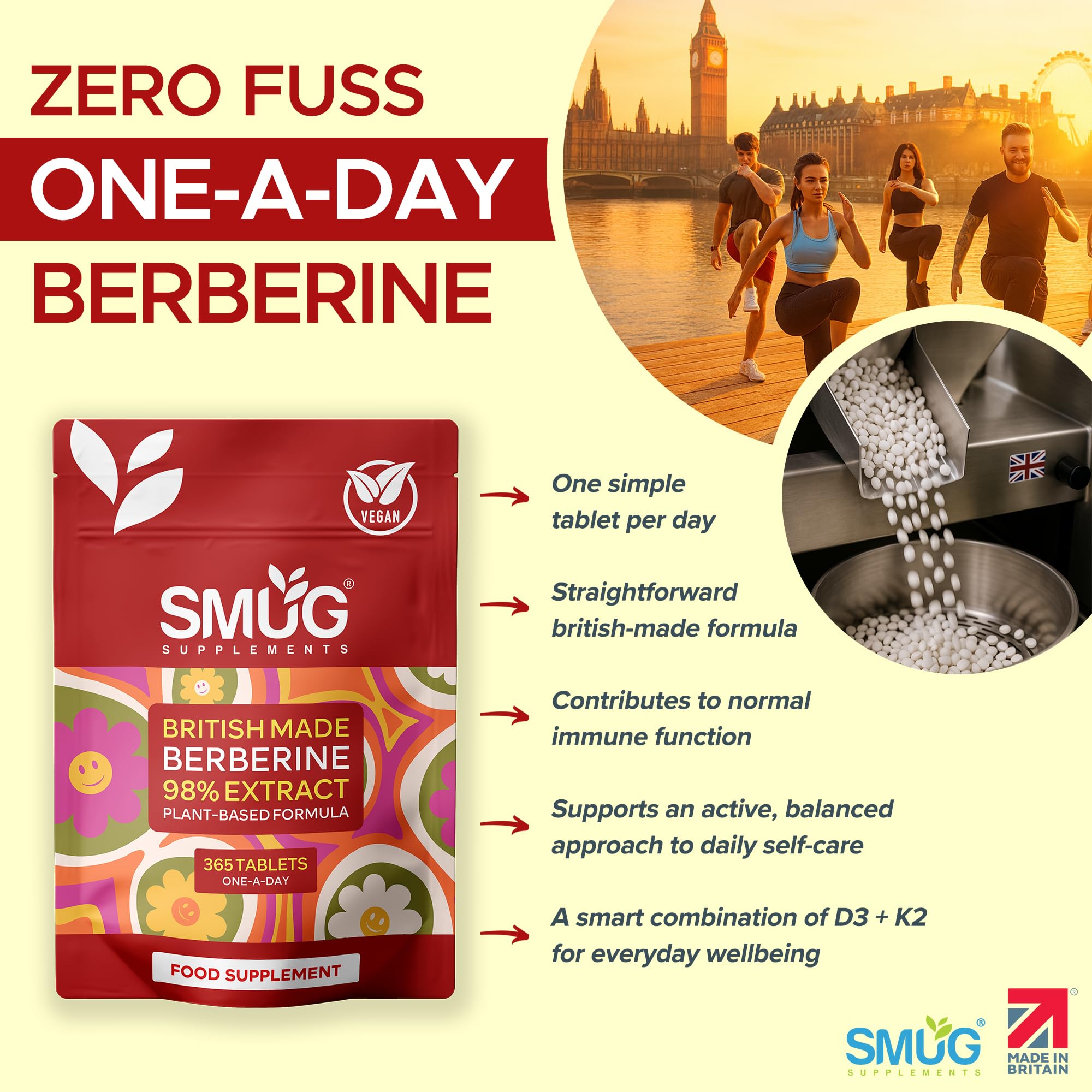 Berberine 98% Extract – 365 Micro Tablets – One A Day – Plant Based – Vegan – Made in Britain – SMUG Supplements