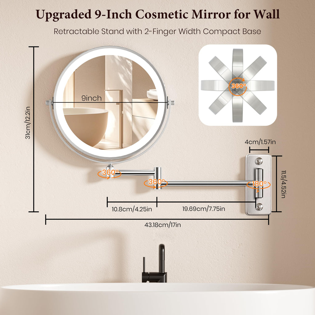 9" Large Wall Mounted Lighted Makeup Mirror, 5000mAh Rechargeable 1X/15X Magnifying Mirror with 3 Color Lights Touch Dimmable, Extended Arm 360° Rotation Bathroom Wall Mounted Makeup Mirror, Nickel