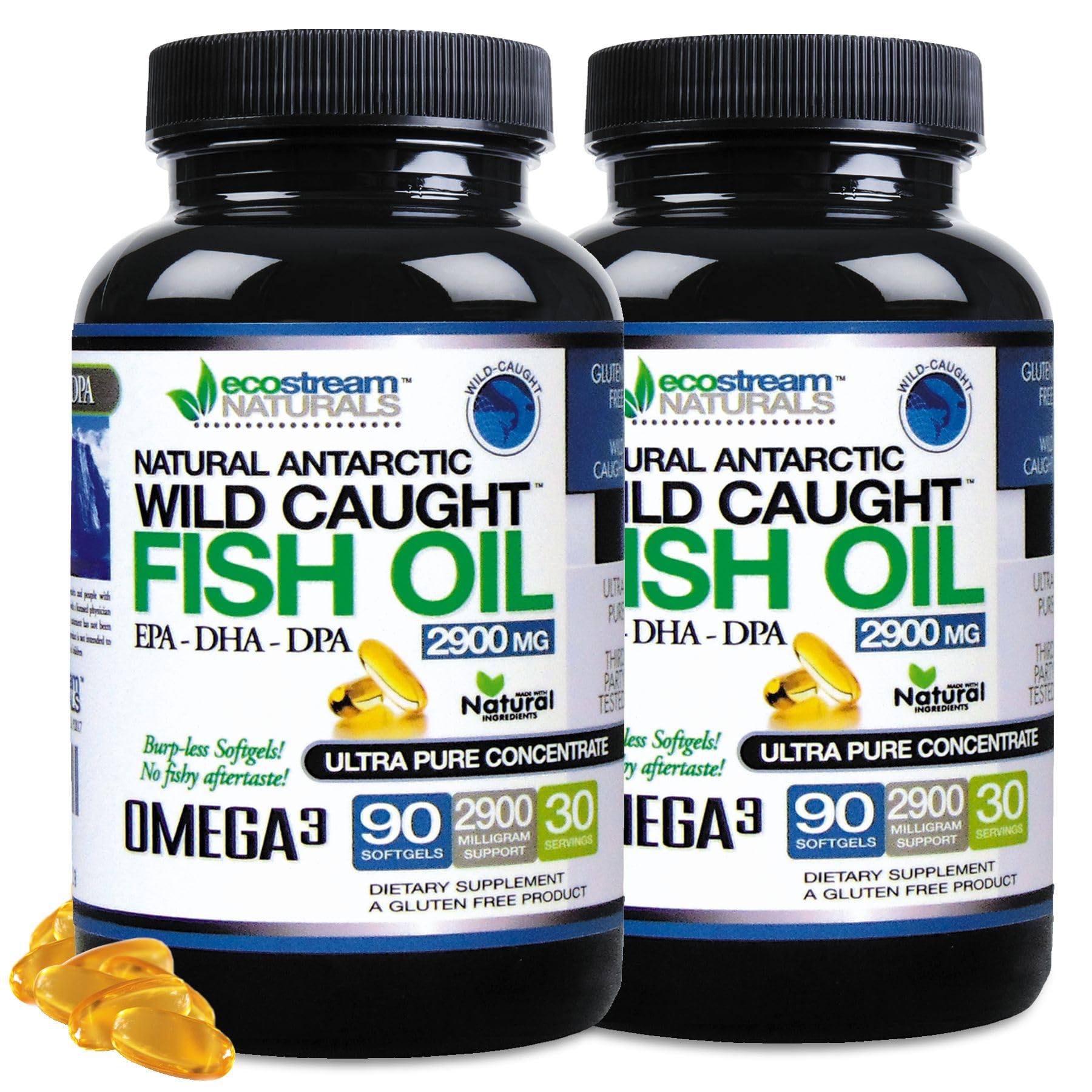 2 Pack, Wild Caught Omega 3 Fish Oil with DPA-EPA-DHA 2,900 MG Burpless