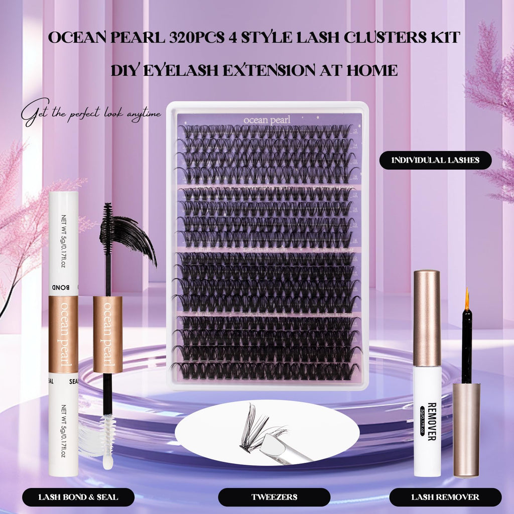 Ocean Pearl Cluster Lashes 320PCS Individual Eyelashes 30D+40D+80D+100D 4 Styles Eyelash Extensions Kit 12-20MM Lash Clusters DIY Eyelash Clusters with Super Lash Bond+Seal+Remover+Tweezer-4