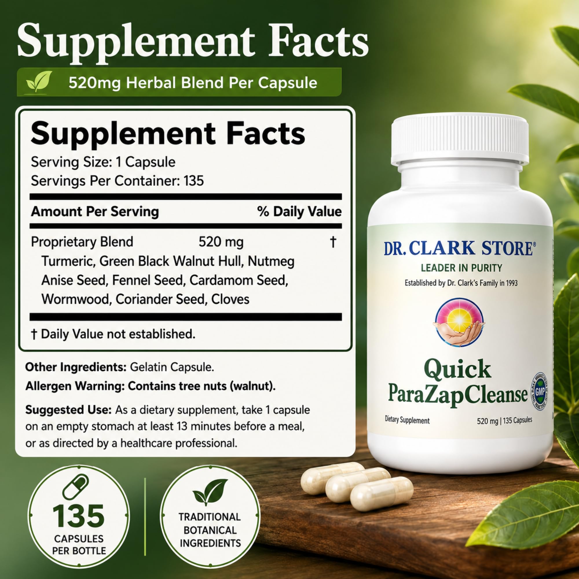 Dr Clark Store para-Zap – 520mg, 135 Capsules, Supports Digestive Health & Gut Balance