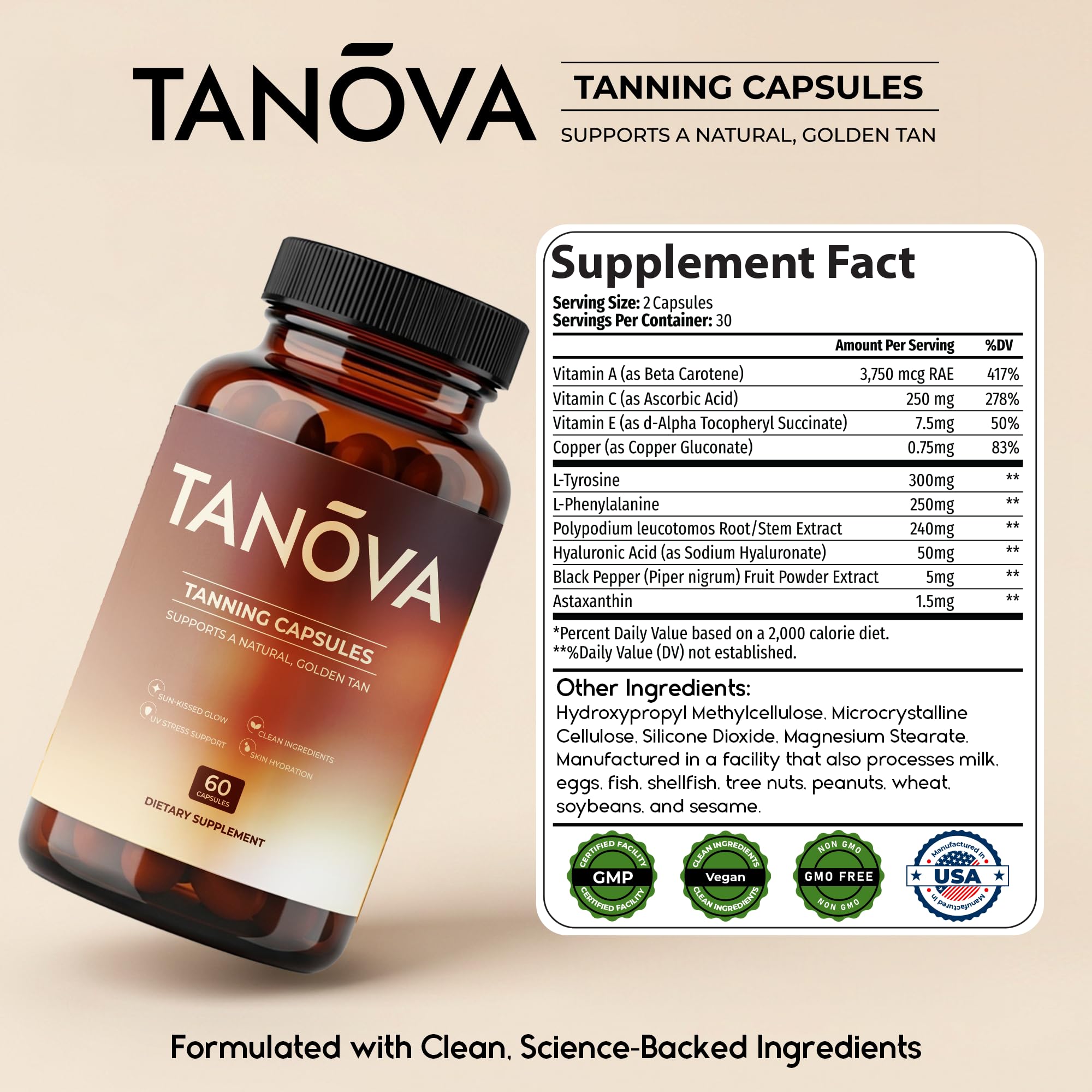 Tanova Tanning Pills – Supports a Natural Golden Glow, Radiant Skin & Anti-Aging – with Astaxanthin, L-Tyrosine, Copper & Polypodium Leucotomos – 60 Capsules