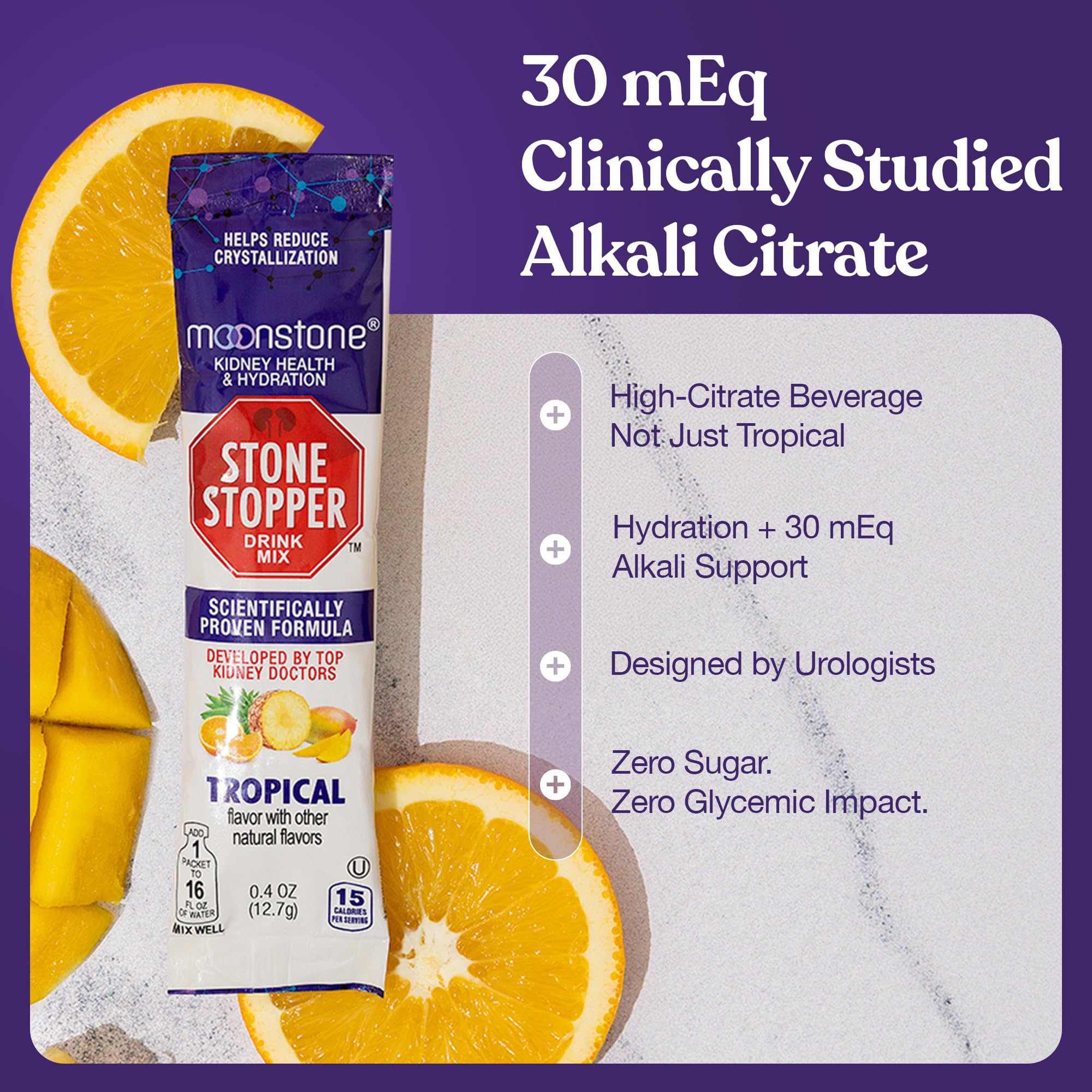 Moonstone Stone Stopper Drink Mix, Tropical, Kidney Stone Prevention, Calcium Oxalate Protector, Developed by Urologists to Improve Hydration and Support Kidney Health, 15 Day Supply