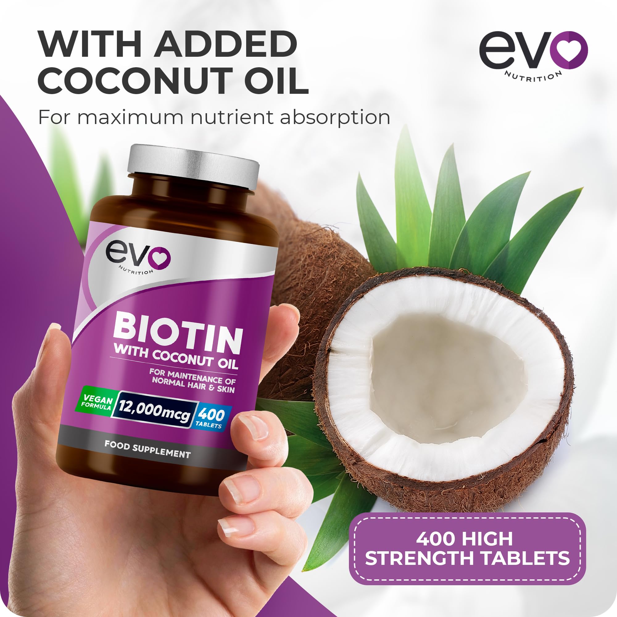 EVO Nutrition Biotin Hair Growth 12,000mcg with Coconut Oil, 400 Tablets
