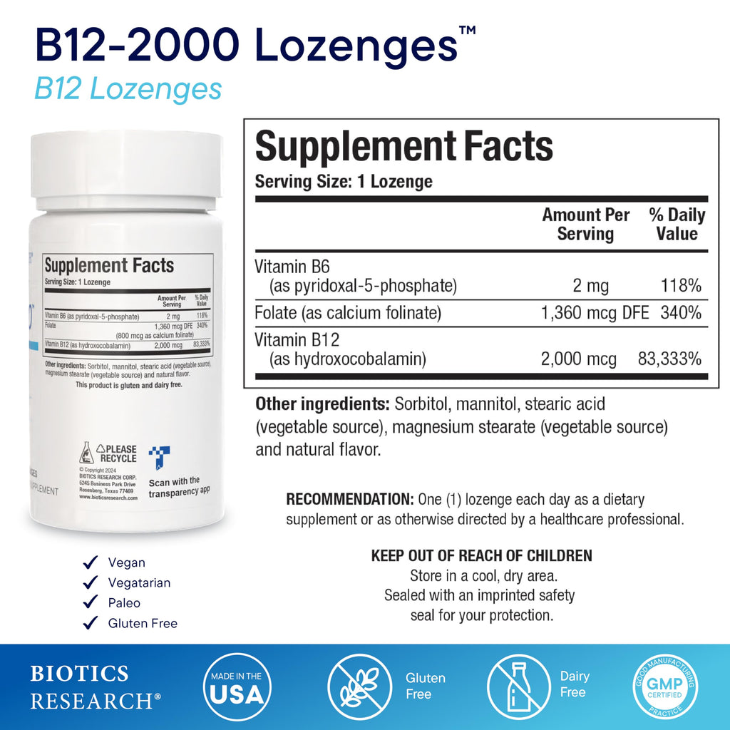BIOTICS RESEARCH B12-2000™ Vitamin B12 2000 mcg, B6, Folate–B12 Sublingual Lozenges, Methylation Support Supplement, High Potency, Highly Absorbable, Natural, Berry Flavor, Dissolves Easily–60 Count