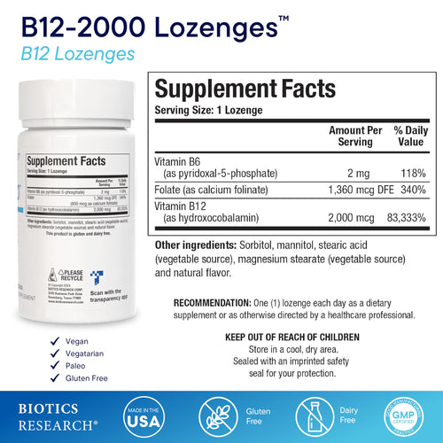 BIOTICS RESEARCH B12-2000™ Vitamin B12 2000 mcg, B6, Folate–B12 Sublingual Lozenges, Methylation Support Supplement, High Potency, Highly Absorbable, Natural, Berry Flavor, Dissolves Easily–60 Count