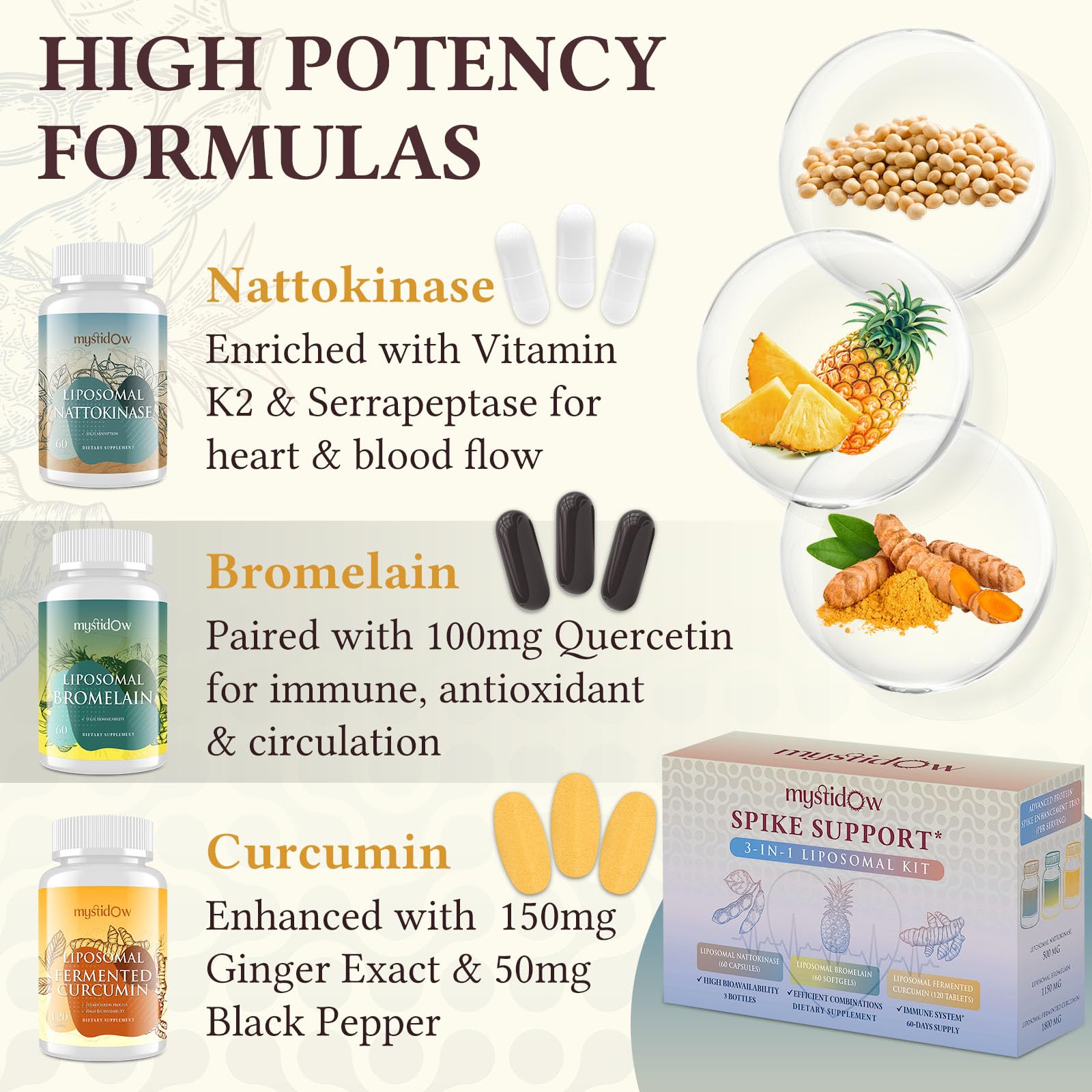 Spike Support Trio | Liposomal Nattokinase 8000 FU 500mg, Bromelain 1150 mg & Fermented Curcumin 1800 mg | High Potency, Enhanced Absorption Formula | for Immune, Heart & Circulatory| 60 Servings