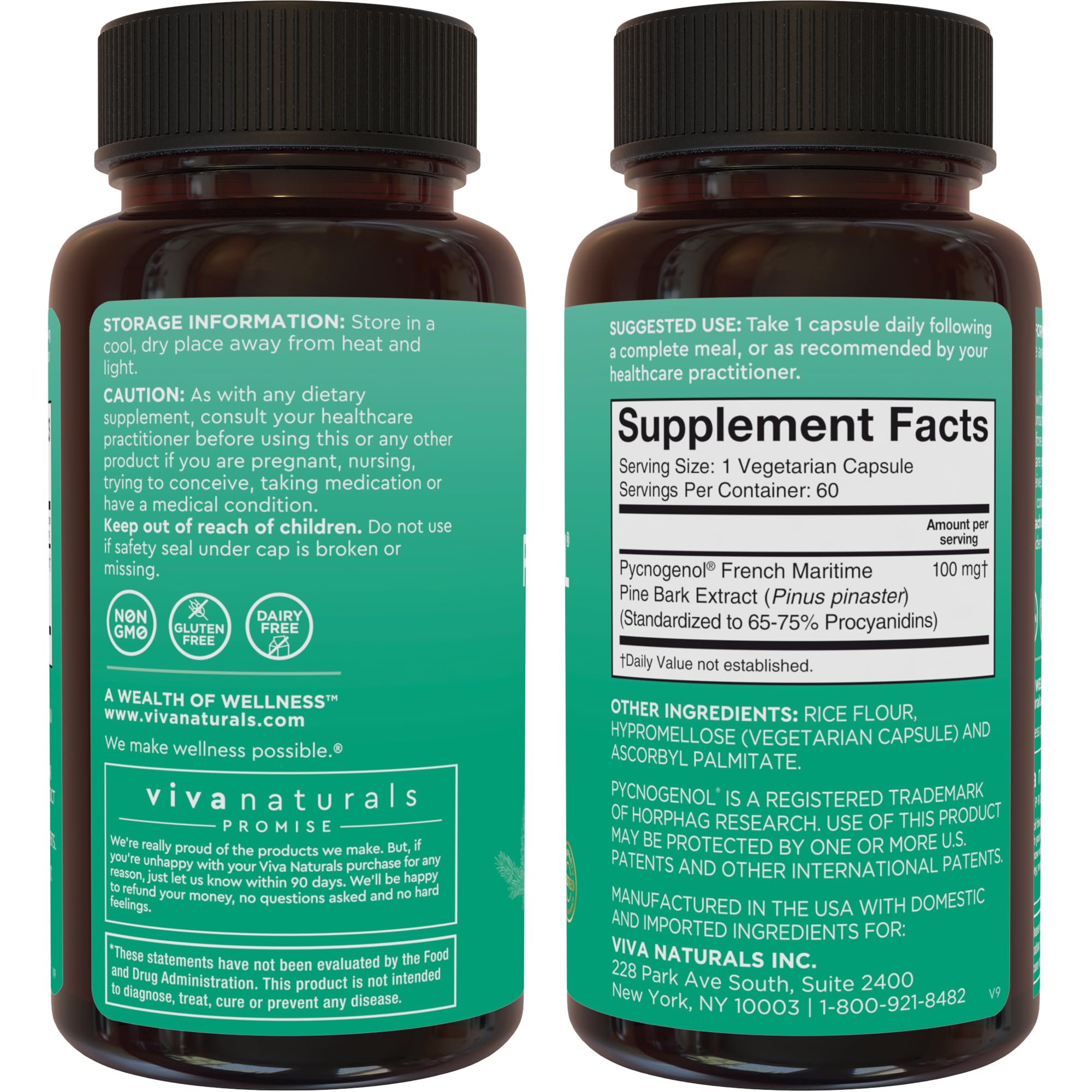 Viva Naturals Pycnogenol - 100mg French Maritime Pine Bark Extract – Supports Circulation, Antioxidant-Like Activity, Joints & Immune Health and Function – 60 Veggie Capsules