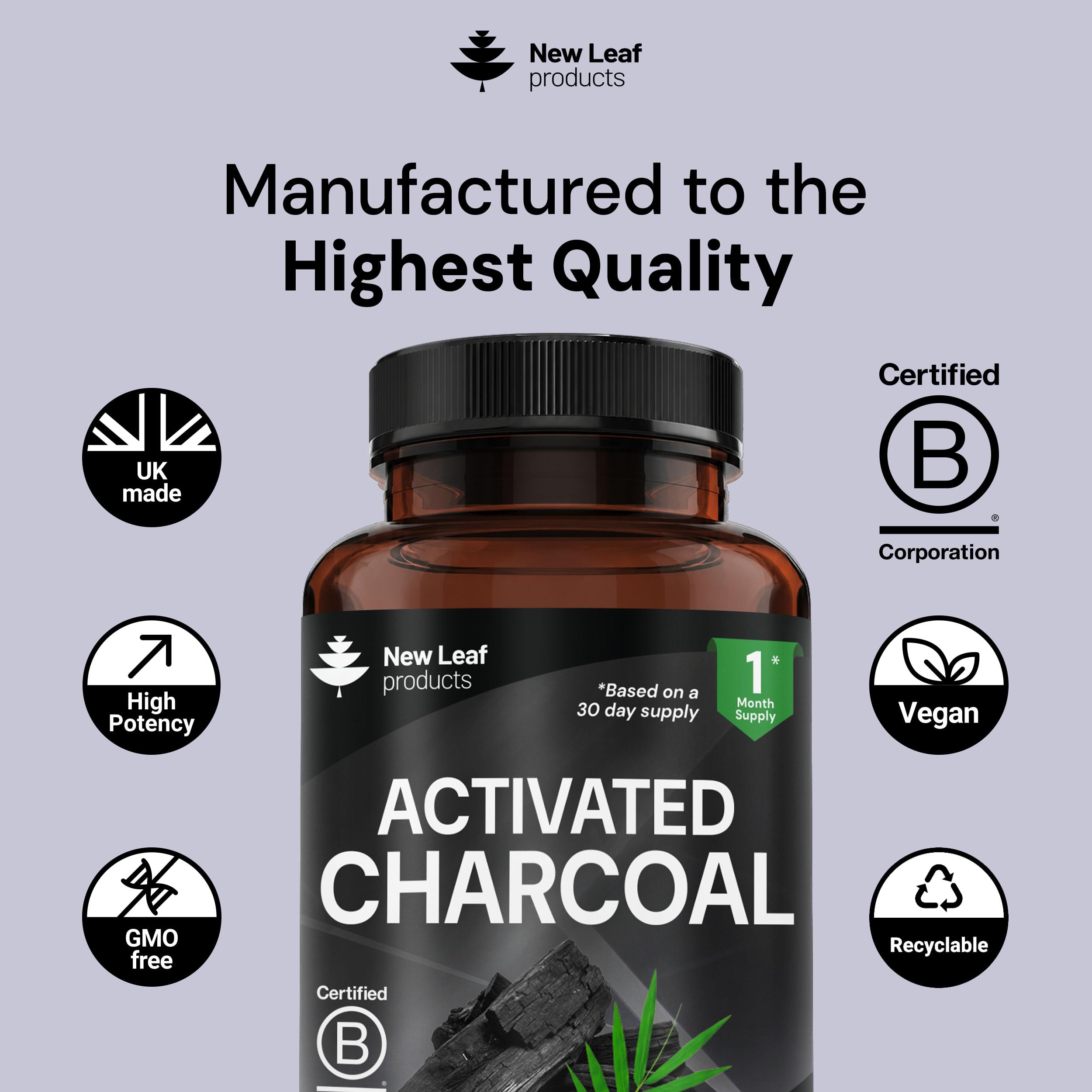Activated Charcoal Capsules - 120 High Strength Activated Charcoal Tablets Alternative - 1040mg Per Serving, Helps Reduce Excessive Flatulence After Eating - Made in UK By New Leaf