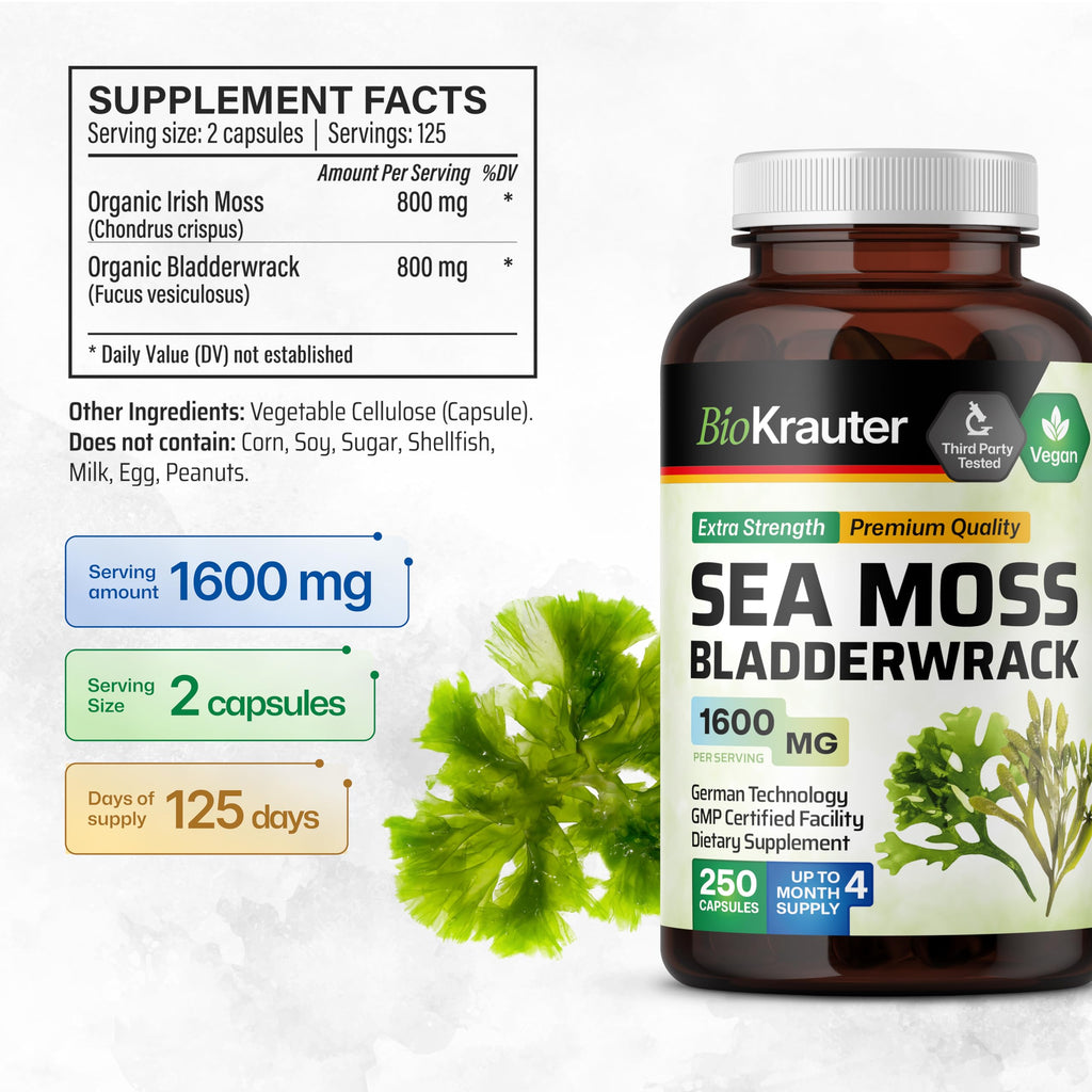 BIO KRAUTER® 2-in-1 Sea Moss for Overall Support - Vegan Bladderwrack & Sea Moss Capsules for Women & Men - Natural Сhondrus Сrispus Seaweed Supplement 1600 mg - 125 Days of Supply, Non-GMO