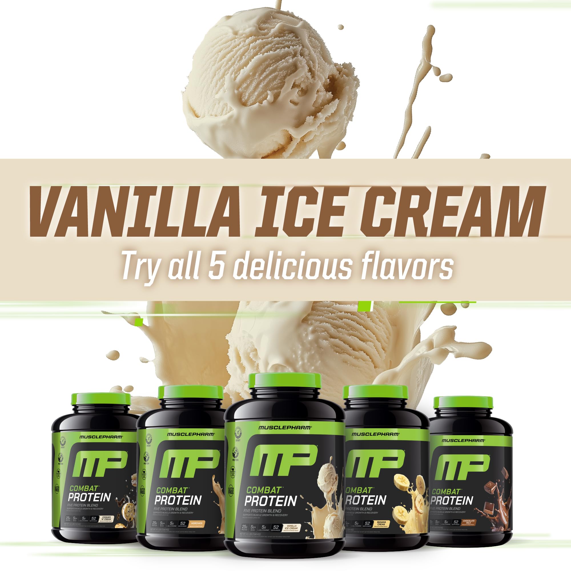 MusclePharm Combat Protein Powder, Vanilla Flavor, Fuels Muscles for Productive Workouts, 5 Protein Sources including Whey Protein Isolate & Egg Albumin, Gluten Free, 4 lb, 52 Servings