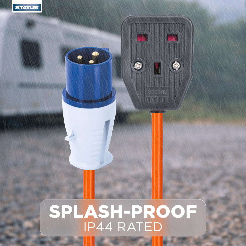Status 16A Site Plug to 1 Way UK Socket, 20cm Adaptor Cable Perfect for Camping Caravan, Motorhome, Campervan, IP44, Weatherproof, 16APTUK1SCK1PK10