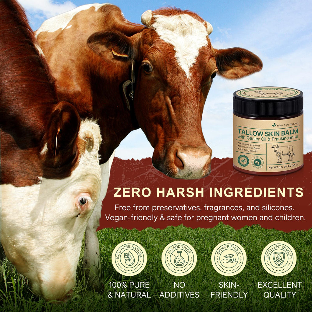 Tallow Balm With Castor Oil and Frankincense Balm, 100% Grass-Fed Beef Tallow Skin Care, Face & Body Moisturizer Cream for Skin, Nourish & Repairing Dry Skin
