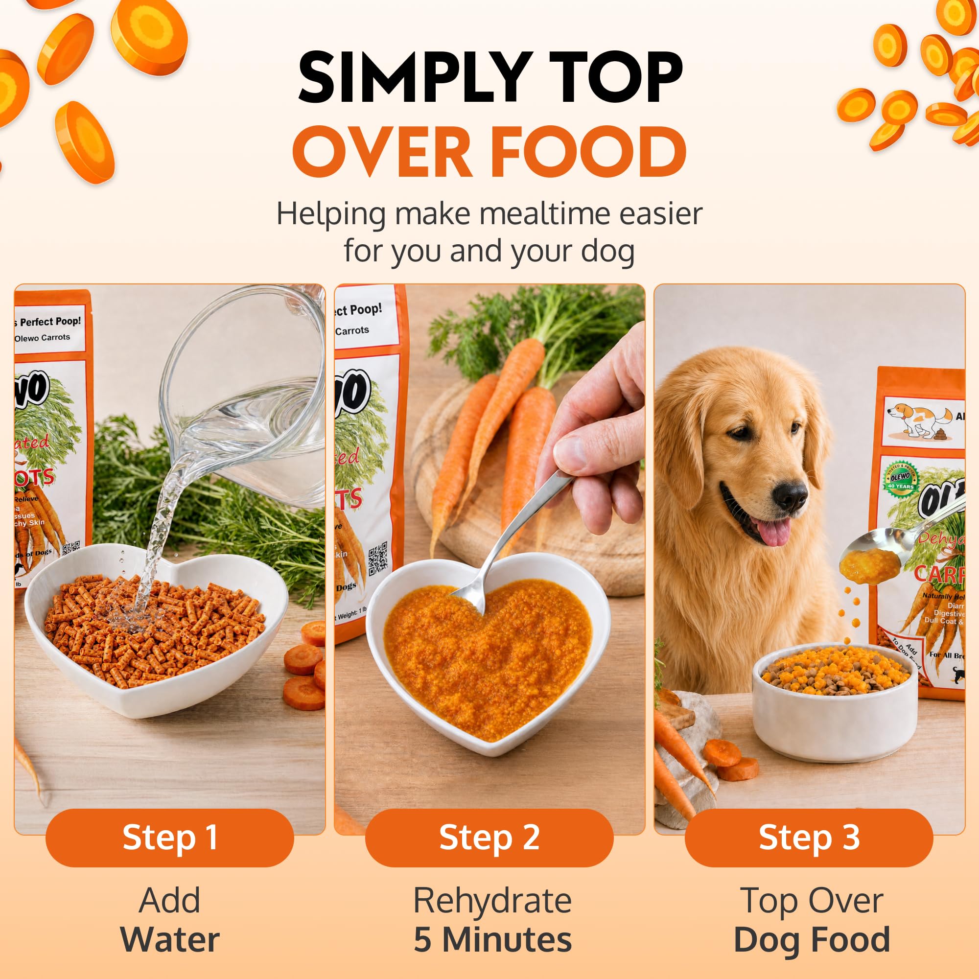 Olewo Original Carrots for Dogs – Fiber for Perfect Poop, Dehydrated Dog Food Toppers for Picky Eaters, Natural Skin & Coat Support, Multivitamin, Probiotics for Digestive & Gut Health, 2.2 lbs