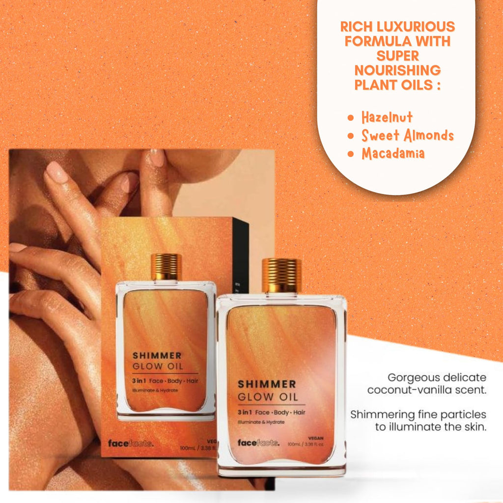 Face Facts Shimmer Glow Oil 100ml – 3-in-1 Body, Face & Hair Oil – Hydrating Vegan Formula – Skin Illuminating Body Oil for Radiant Glow