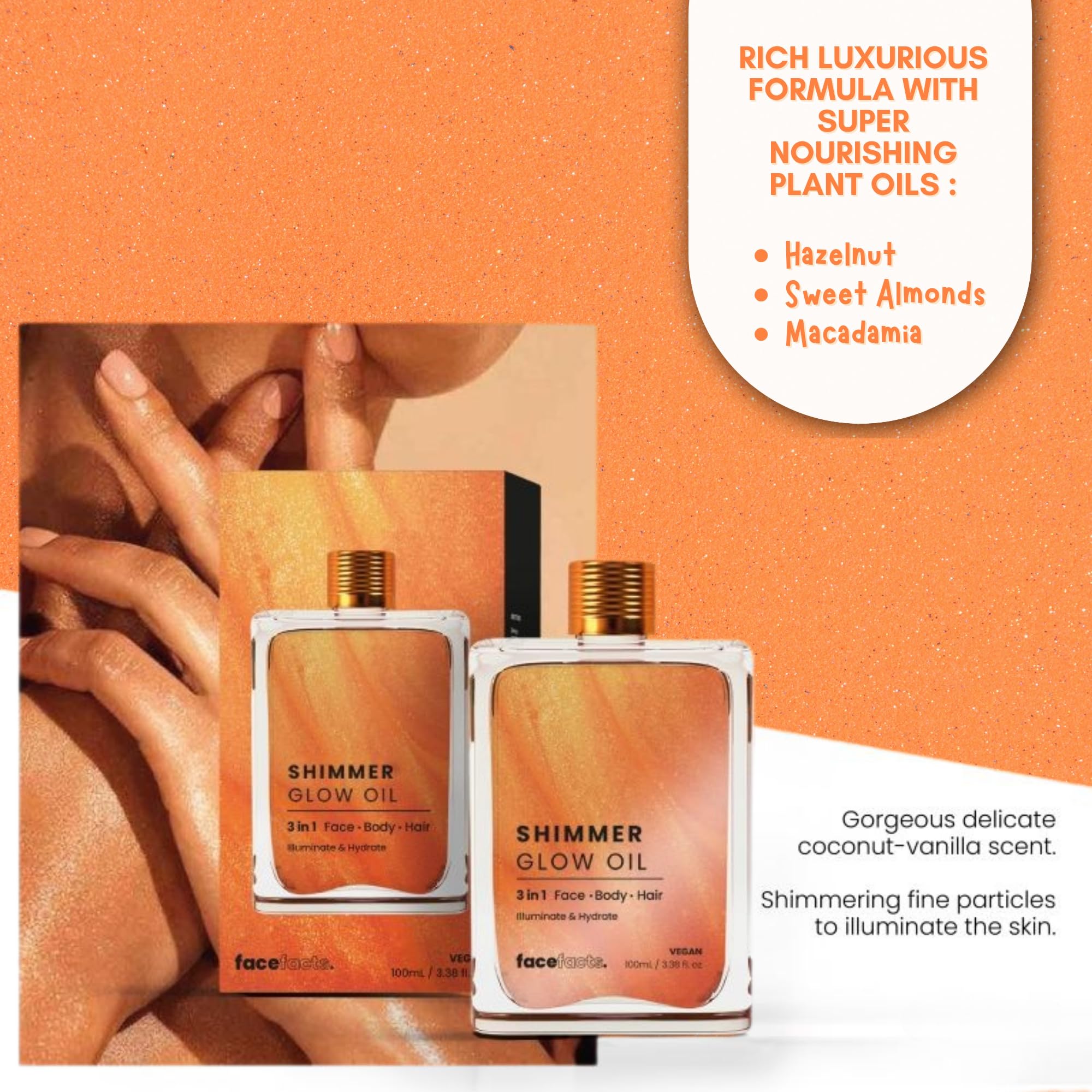 Face Facts Shimmer Glow Oil 100ml – 3-in-1 Body, Face & Hair Oil – Hydrating Vegan Formula – Skin Illuminating Body Oil for Radiant Glow