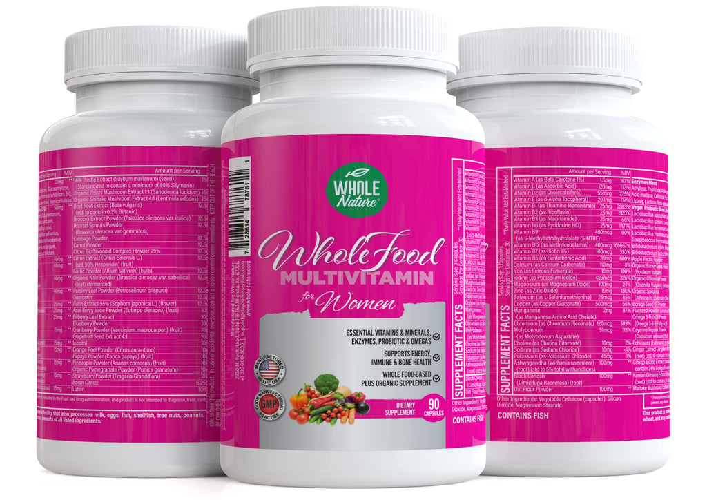 Whole Nature Whole Food Multivitamin for Women Womens Multi Vitamin with Folate, B12 Methyl, Vitamins, Minerals, Probiotics and Omegas, Vegan, Non GMO- 90 Capsules (1) (1)