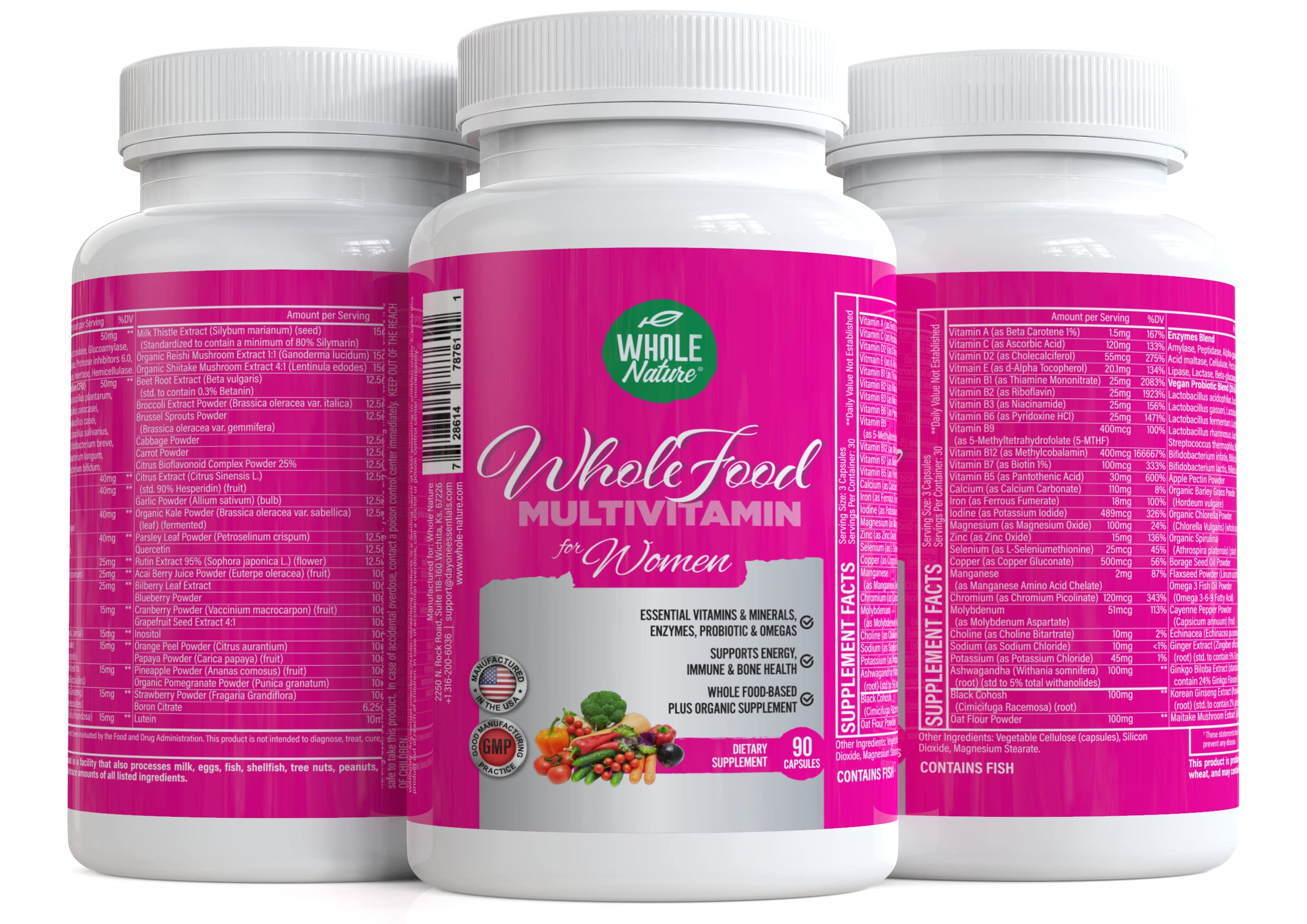 Whole Nature Whole Food Multivitamin for Women Womens Multi Vitamin with Folate, B12 Methyl, Vitamins, Minerals, Probiotics and Omegas, Vegan, Non GMO- 90 Capsules (1) (1)