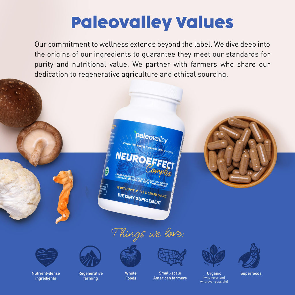 Paleovalley NeuroEffect - Neuro Mushroom Coffee Nutritional Supplement for Focus, Memory, and Energy Support - 28-Day Supply - 8 Full Spectrum Mushroom and Whole Coffee Fruit Extracts