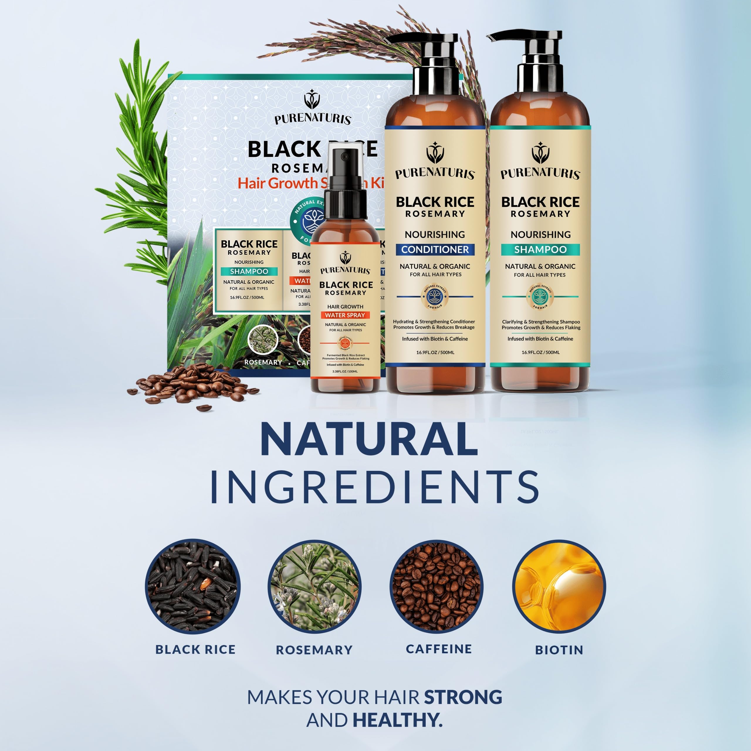 PureNaturis Organic Rosemary Black Rice Water Shampoo Conditioner Set for Hair Growth, Rice Water Spray, w/Rosemary Water, Biotin, Caffeine, Routine Shampoo for Women Men Hair Loss Thickening, Longer