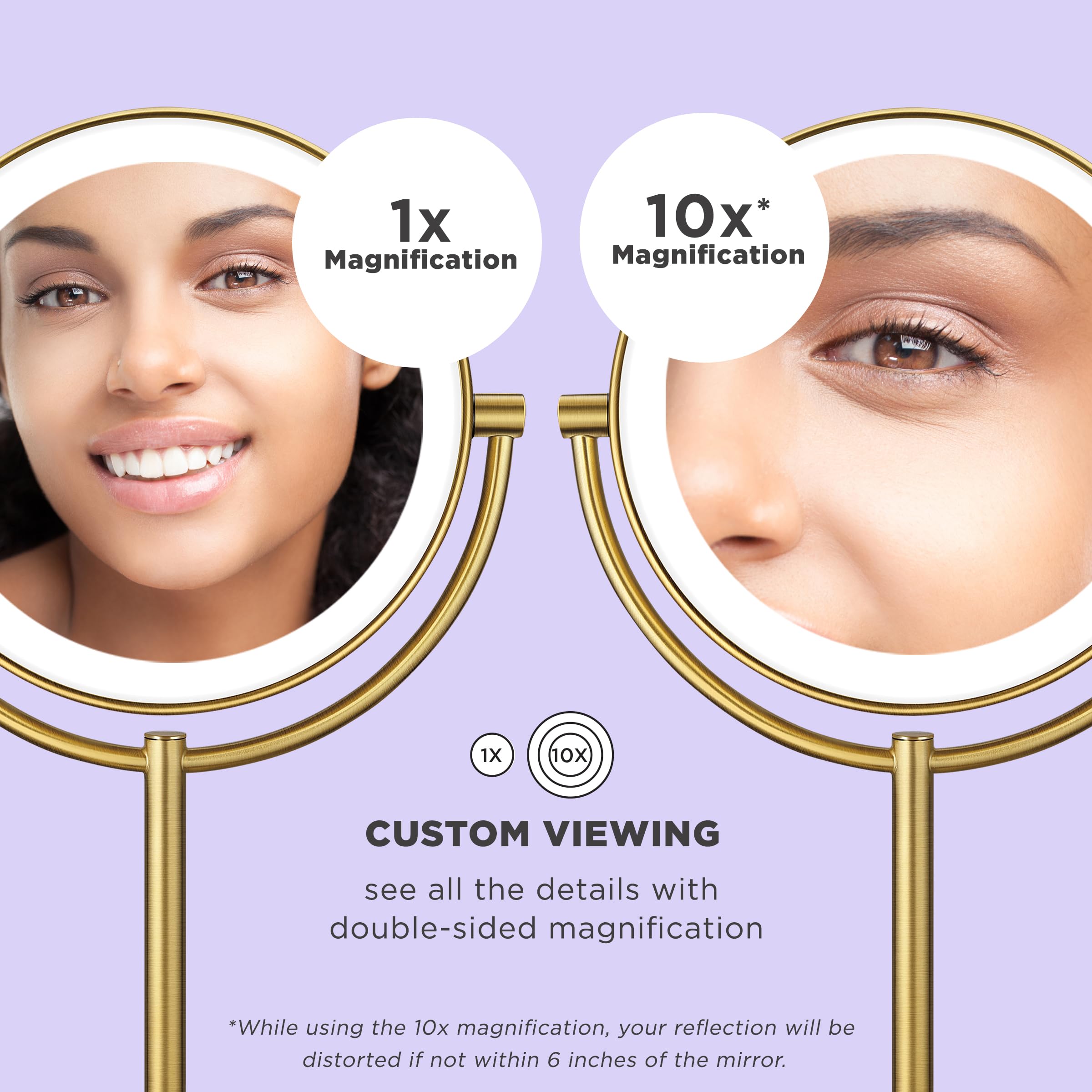 Conair Lighted Makeup Mirror, Double-Sided LED Vanity Mirror with 1X/10X Magnification, 3 Light Settings, 3 Modes, 360° Rotation, Brushed Brass Finish