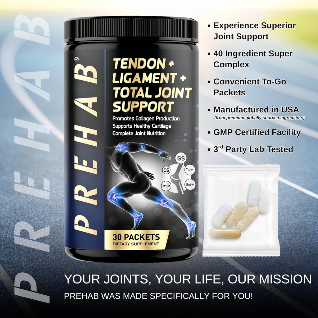 PREHAB Tendon + Ligament + Total Joint Support | #1 Joint Supplement for Athletes | 40 Ingredient Super Complex | Glucosamine Chondroitin MSM Turmeric | Premium Tendon Ligament Joint Supplement