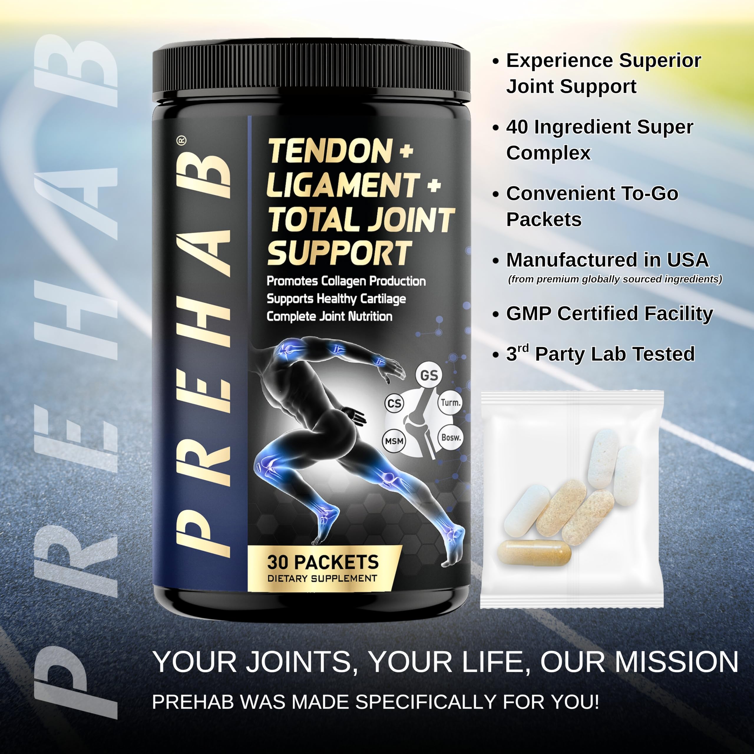 PREHAB Tendon + Ligament + Total Joint Support | #1 Joint Supplement for Athletes | 40 Ingredient Super Complex | Glucosamine Chondroitin MSM Turmeric | Premium Tendon Ligament Joint Supplement