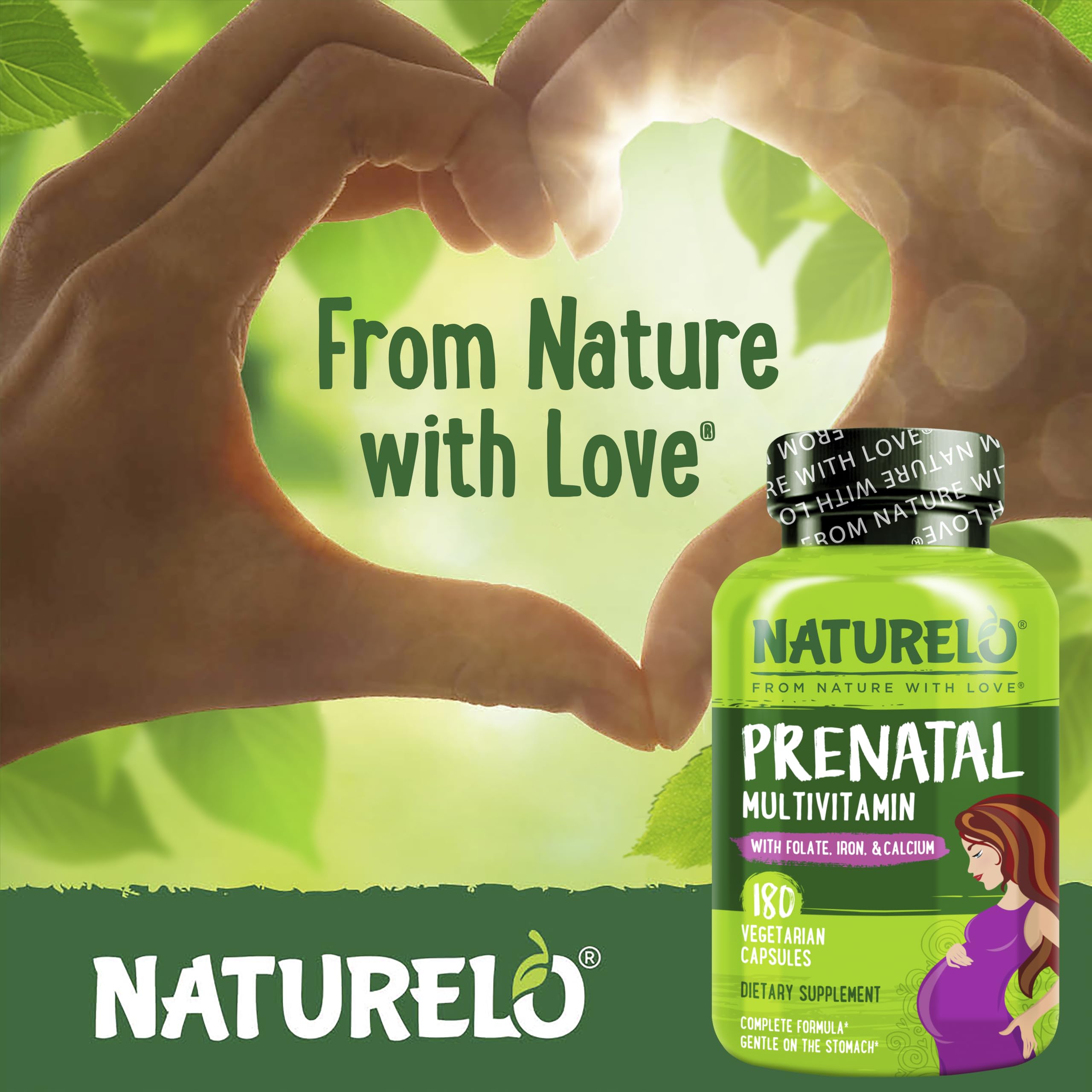 NATURELO Prenatal Multivitamin with Gentle Chelated Iron, Methyl Folate, Plant Calcium & Choline - Vegan, Vegetarian - Non-GMO - Gluten Free - 180 Capsules - 2 Month Supply
