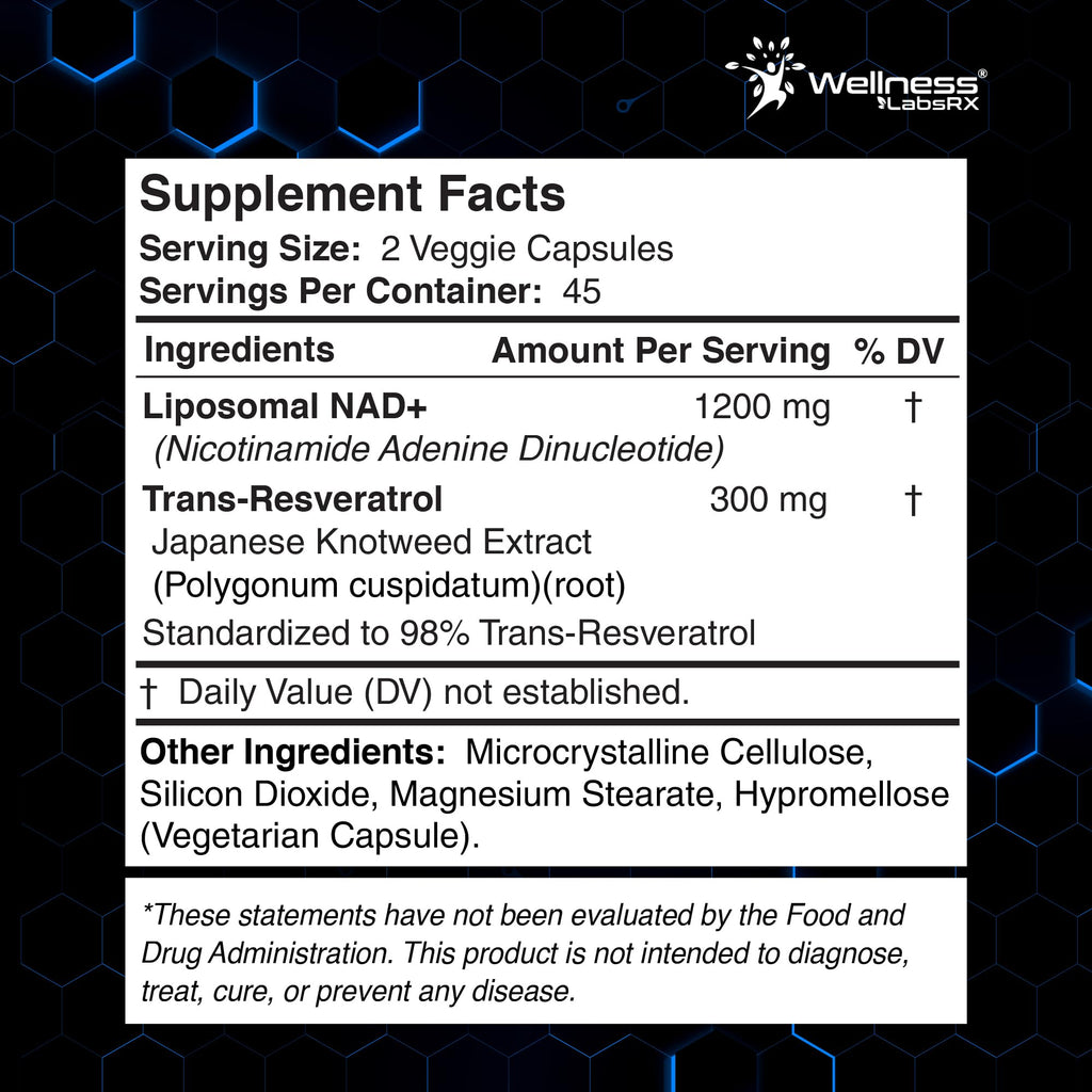 Wellness LABSRX Liposomal NAD Supplement, 1500mg - NAD Resveratrol Supplement for Women and Men, NAD+ Support Cellular Health, Energy & Anti Aging - 90 Count