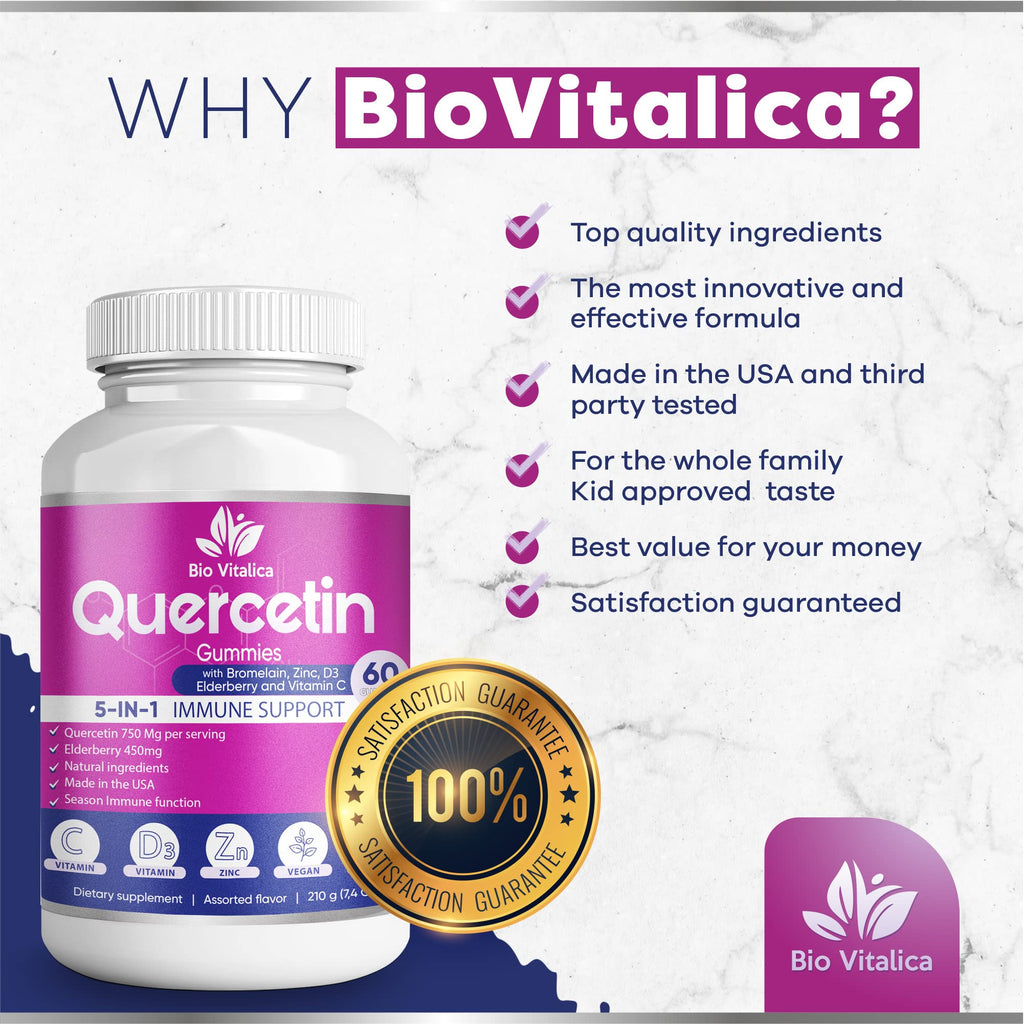 Quercetin Gummies by BioVitalica - Quercetin with Bromelain Vitamin C and Zinc & Elderberry + Vitamin D3-5 in 1 Immune Support - Zinc Quercetin 750 mg for Kids and Adult (6, Quercetin)