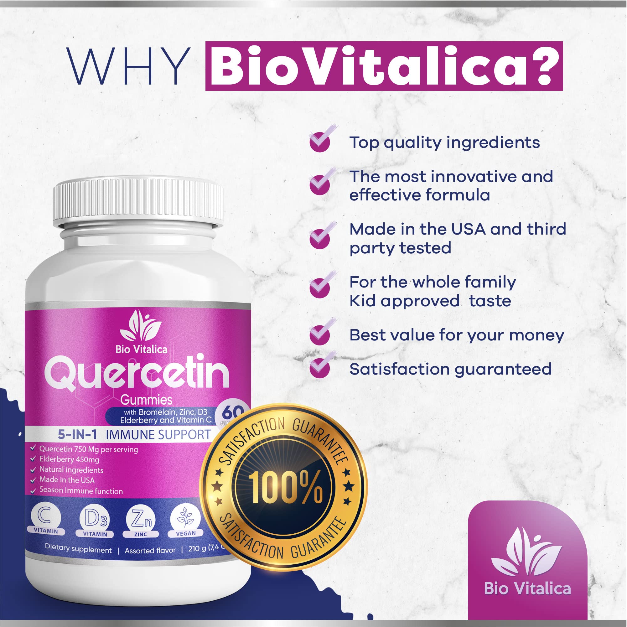 Quercetin Gummies by BioVitalica - Quercetin with Bromelain Vitamin C and Zinc & Elderberry + Vitamin D3-5 in 1 Immune Support - Zinc Quercetin 750 mg for Kids and Adult (6, Quercetin)