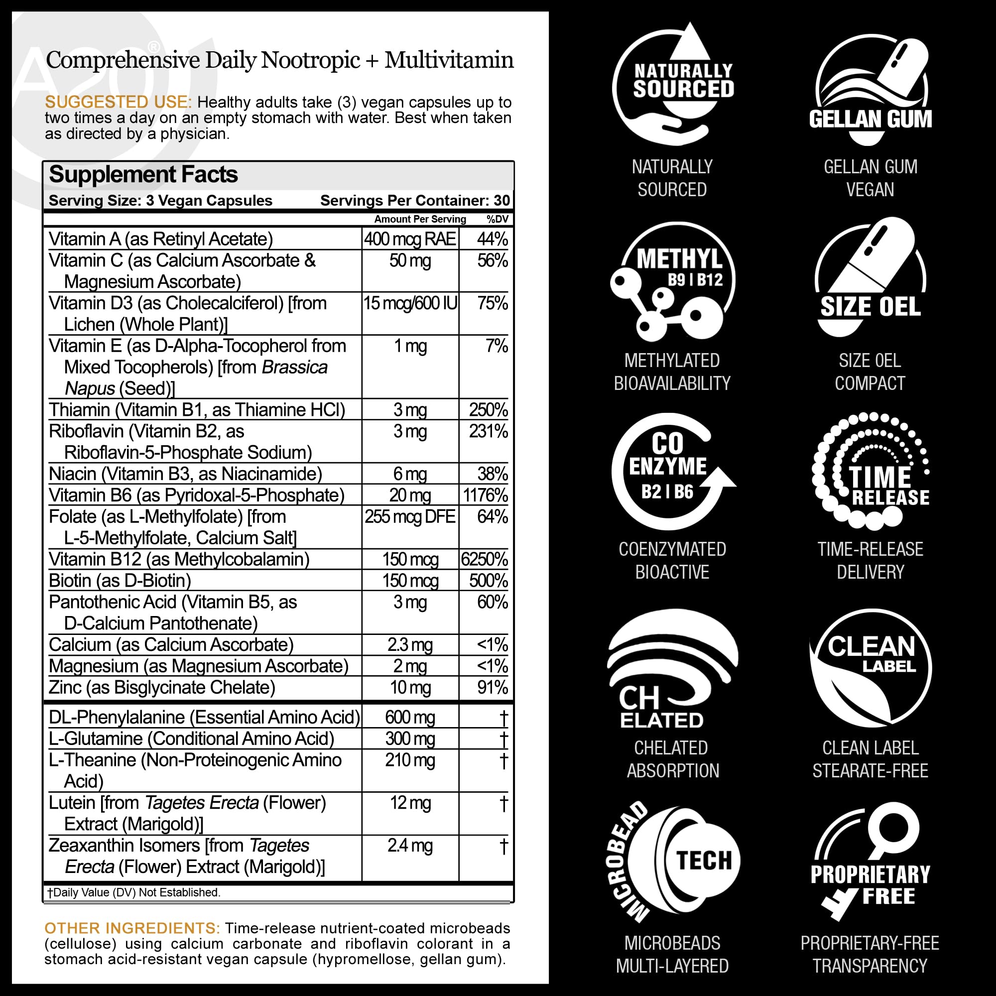 HCF A20 Microbead Brain Health Supplements for Adults for Memory, Focus, Calm, Mood, Alertness, Attention, Vision, Sleep, Immune System, 20 Premium Nootropic Nutrients Multivitamin & 7 Advances® Tech