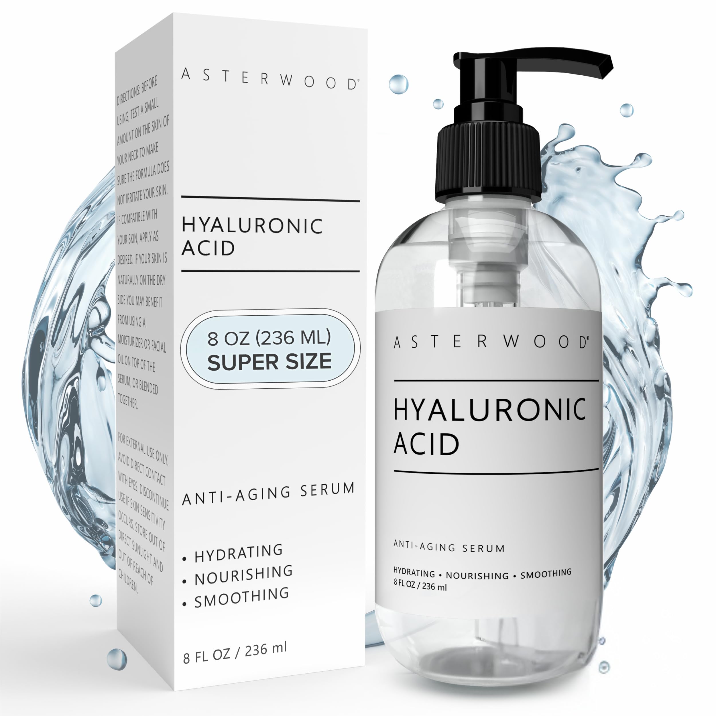 Asterwood Pure Hyaluronic Acid Serum for Face - Plumping, Anti-Aging, Hydrating - Fragrance-Free - 8 Fl Oz