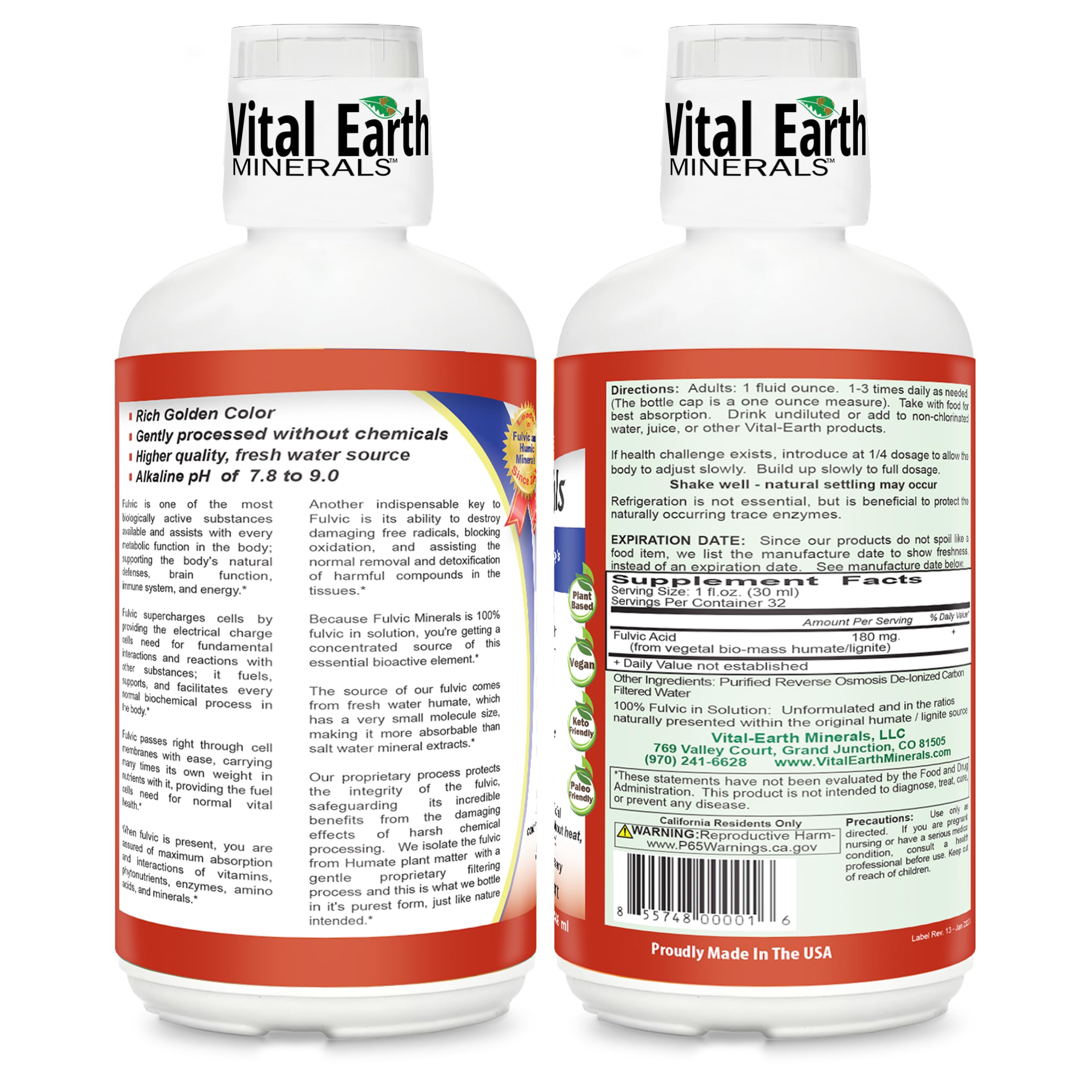 Vital Earth Minerals Fulvic Minerals Liquid – Fulvic Acid Supplement with 70+ Trace Minerals, Electrolytes for Energy & Vitality, 32 Oz Ea + 1 Oz Cup