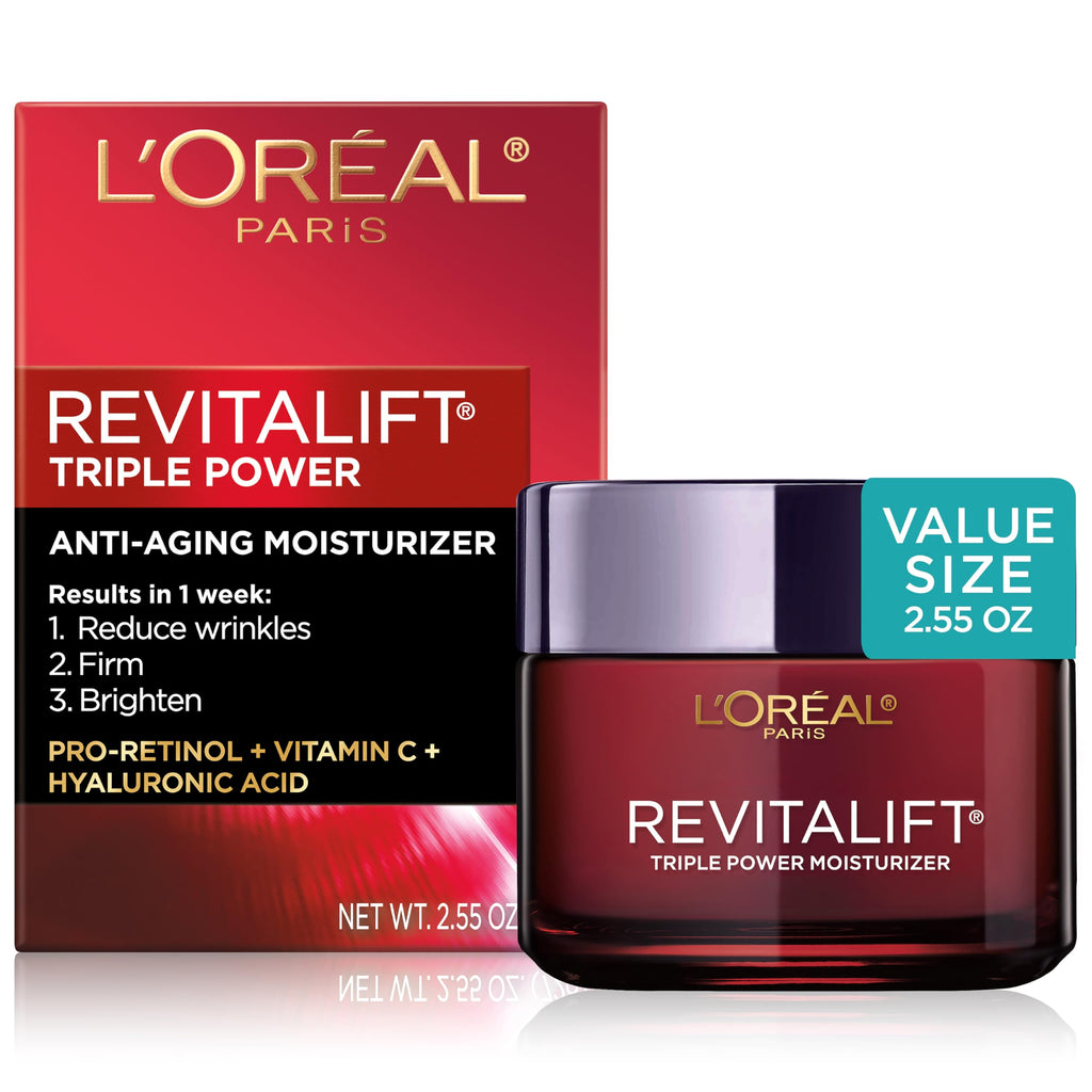 L'Oreal Paris Revitalift Triple Power Anti-Aging Face Moisturizer, Pro Retinol, Hyaluronic Acid & Vitamin C to Reduce Wrinkles, Firm & Brighten Skin, 2.55 Oz