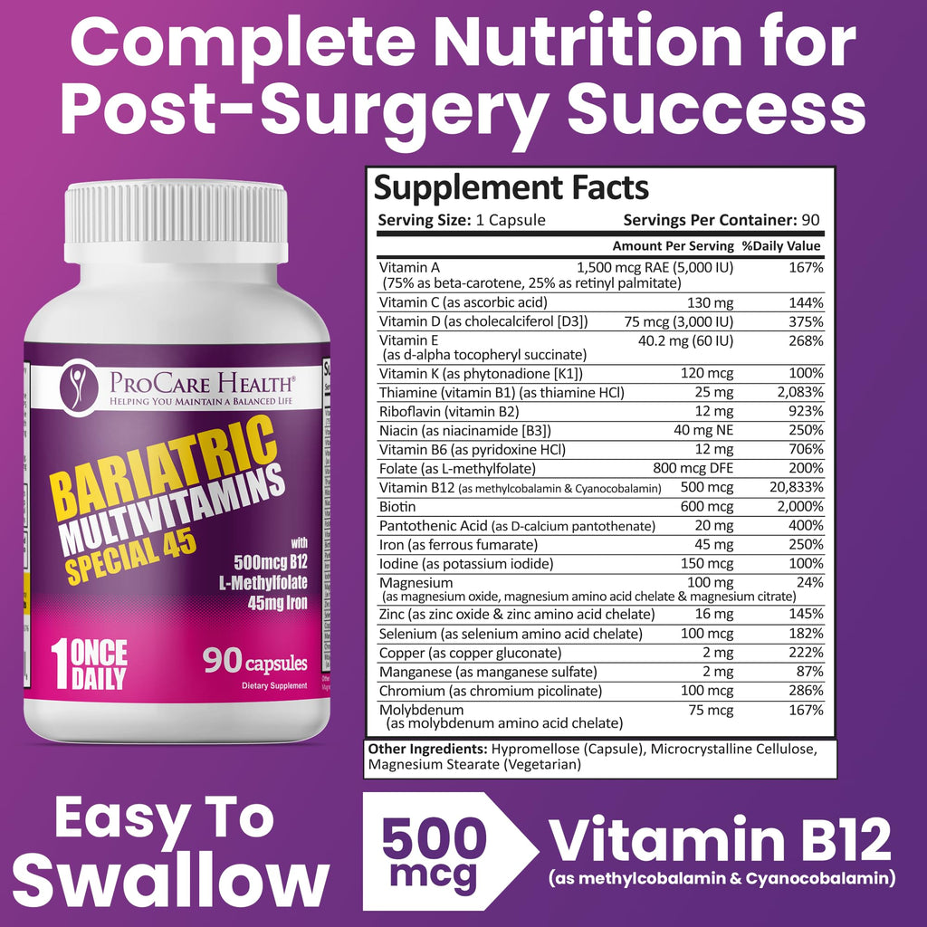 ProCare Health Bariatric Multivitamin with Iron 45mg (90 Capsules) with Reduced B12 - Post-Op Bariatric Vitamins for Gastric Bypass, Sleeve, Duodenal Switch, Sustain Recovery & Energy (3 Month Supply)