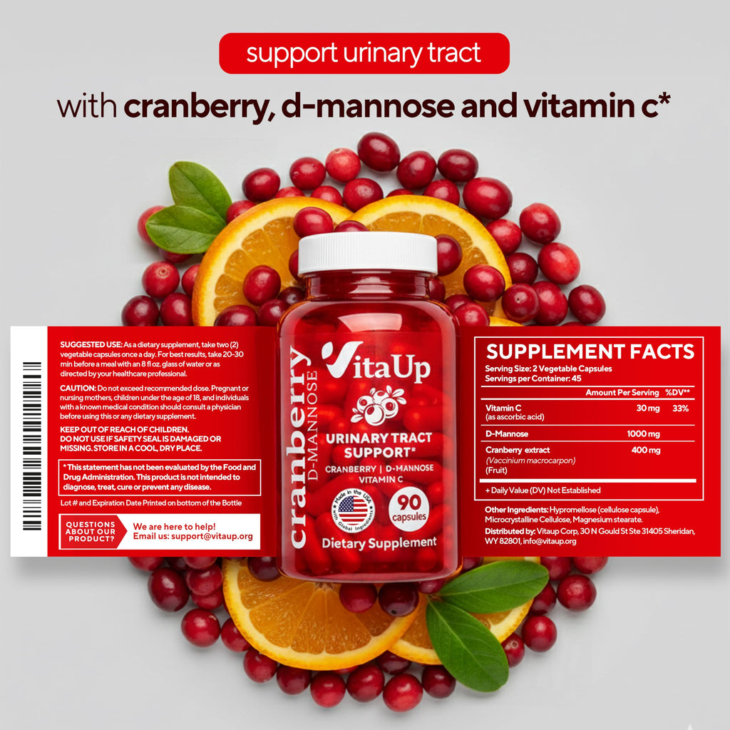 VitaUp D-Mannose & Cranberry Supplement for Women – USA Made Cranberry, Vitamin C & D-Mannose Supplement – Cranberry Capsules for Women for Urinary Tract & Bladder Support – 90 Vegan Capsules