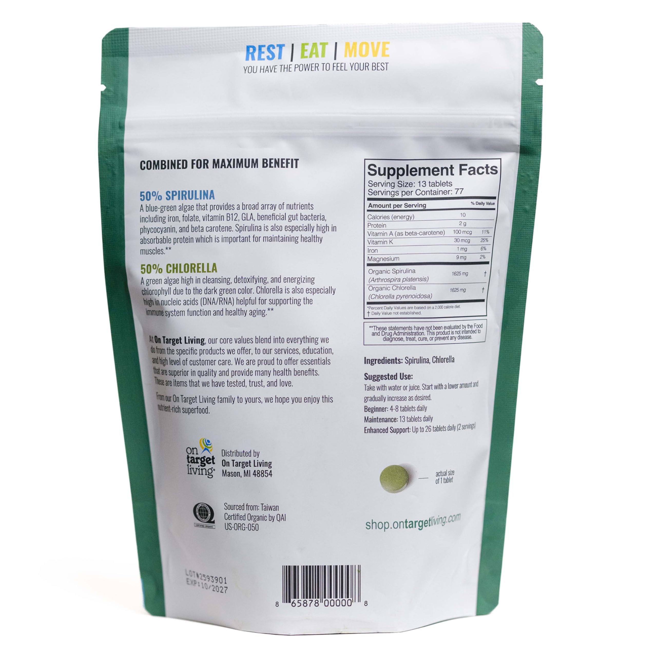 On Target Living Organic Spirulina Chlorella | Supergreens | USDA Organic | 1000 Tablets - 250 G (8.8 oz) | Vegan | Alkalyzing | Nutrient Dense | Protein Dense