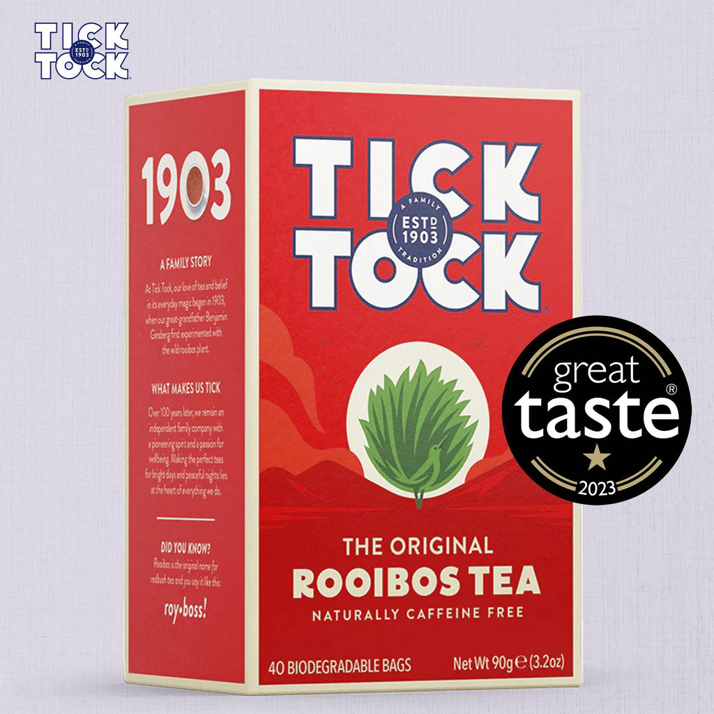 Tick Tock Rooibos Teabags, Caffeine-Free Tea, Pack of 4 x 40 Tea Bags (160 Teabags), Naturally Sweet Herbal Tea, Biodegradable, Rooibos UK, Redbush Tea Bags- 4 Pack
