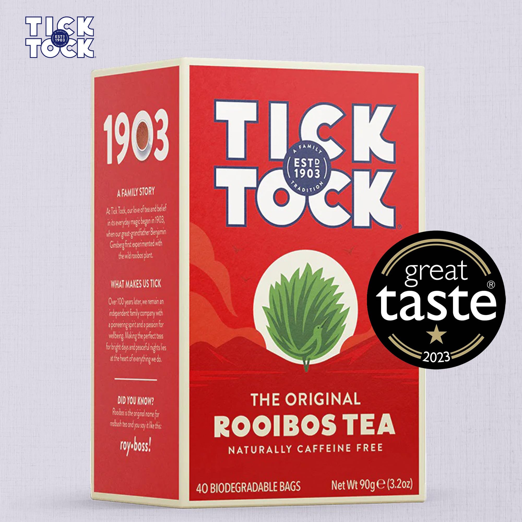 Tick Tock Rooibos Teabags, Caffeine-Free Tea, Pack of 4 x 40 Tea Bags (160 Teabags), Naturally Sweet Herbal Tea, Biodegradable, Rooibos UK, Redbush Tea Bags- 4 Pack