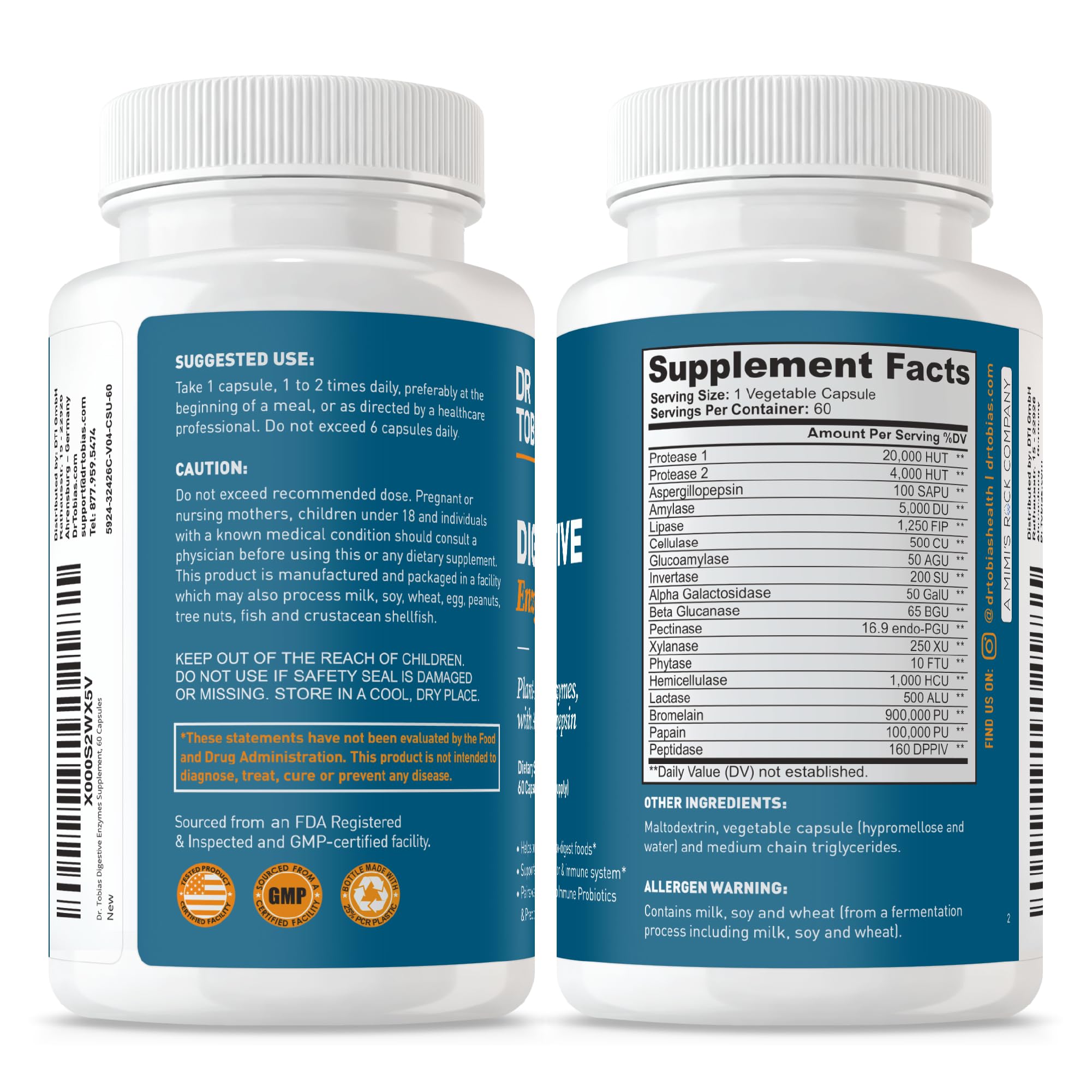Dr. Tobias Digestive Enzymes Digestion Supplement with 18 Enzymes for Digestion and Gut Health | Includes Amylase Bromelain Lipase Lactase Protease Papain & More (60 Capsules 30 Servings)