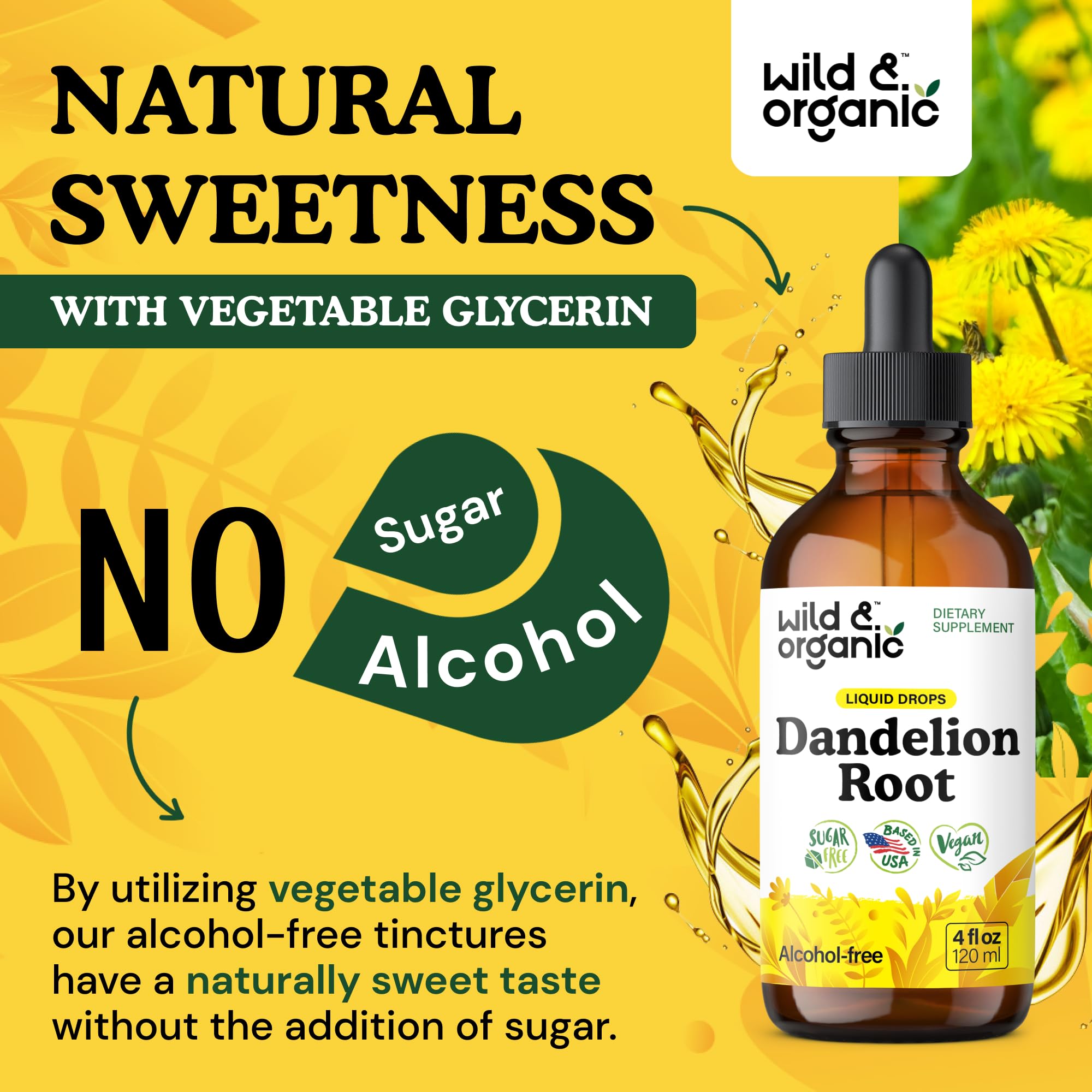 Wild & Organic Dandelion Root Extract Drops - Liver Cleanse Detox - Herbal Dandelion Tincture - Liver Support Supplement - Add to Tea - Vegan, Sugar & Alcohol-Free Liquid Drops - 4 fl oz