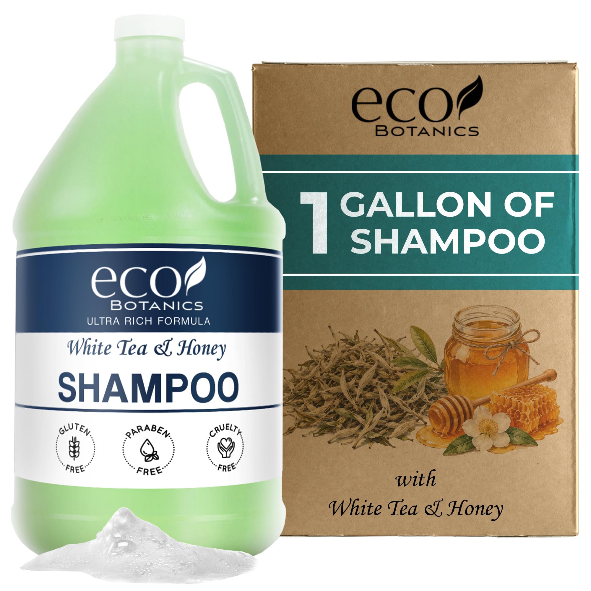 Terra Pure 1-Shoppe Eco Botanics Natural Shampoo with Raw Honey & White Tea | Gallon Jug Bulk Toiletries for Airbnb, Vacation Rentals, and Home Bathroom | Refill For Soap Dispensers