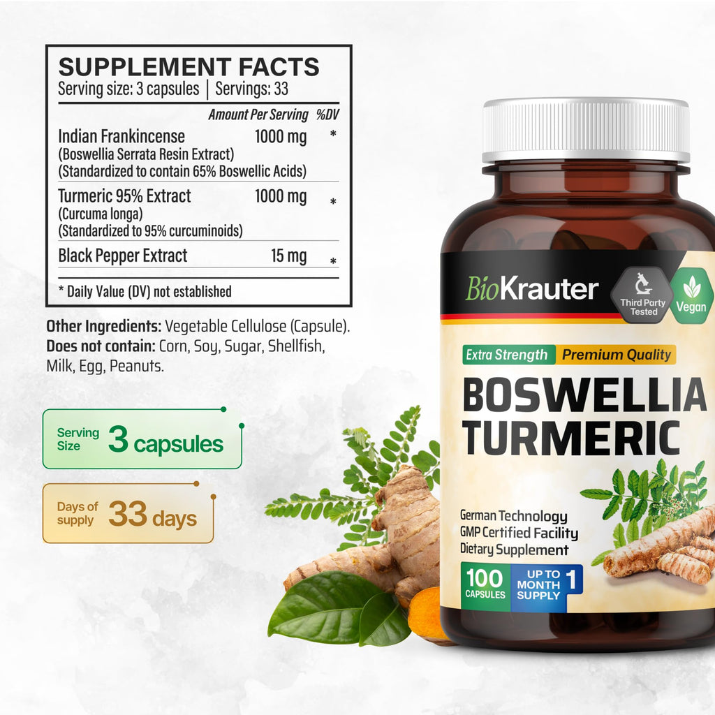 BIO KRAUTER® Turmeric Curcumin Supplement with Boswellia for Mobility Support - Vegan Turmeric with Black Pepper & Boswellia Extract 100 Capsules, 33 Days of Supply - Natural Digestive Support