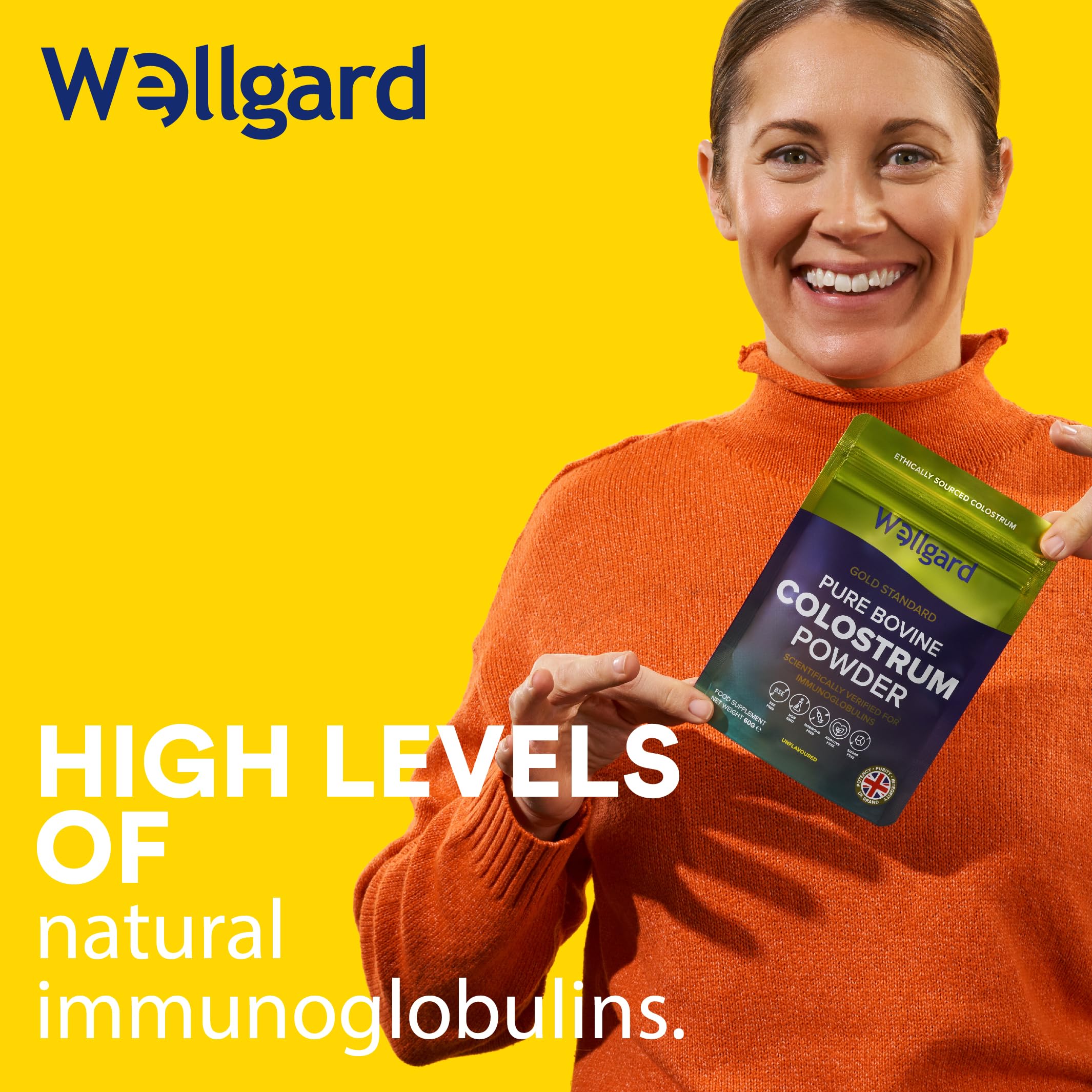 Wellgard Pure Colostrum Powder, High Levels of Immunoglobulin G (IgG), Unflavoured, GMO-Free, Hormone-Free, 60g